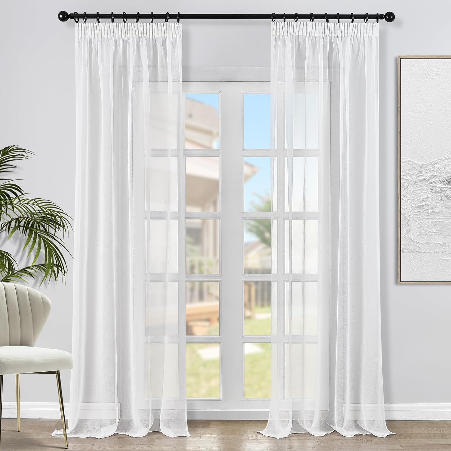 Topfinel Rideau voilage blanc effet lin transparent (2 panneaux) 140 x 280 cm à galon fronceur