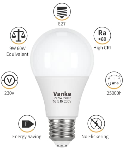 Detalle de Vanke E27 Screw Bulb 9W (60W Equivalent) – Warm White 2700K, Pack of 6