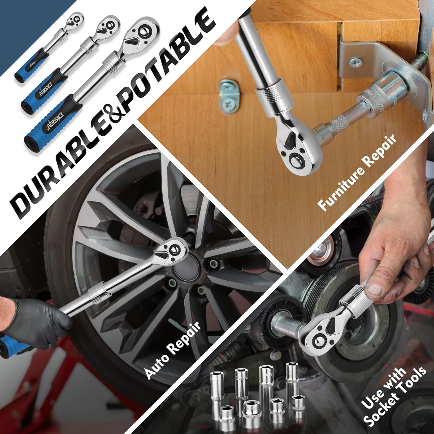 Detalle de DISEN DISEN-3GDTJLBNew Extendable Ratchet Wrench Set, 72-Tooth, 3 Drive Sizes