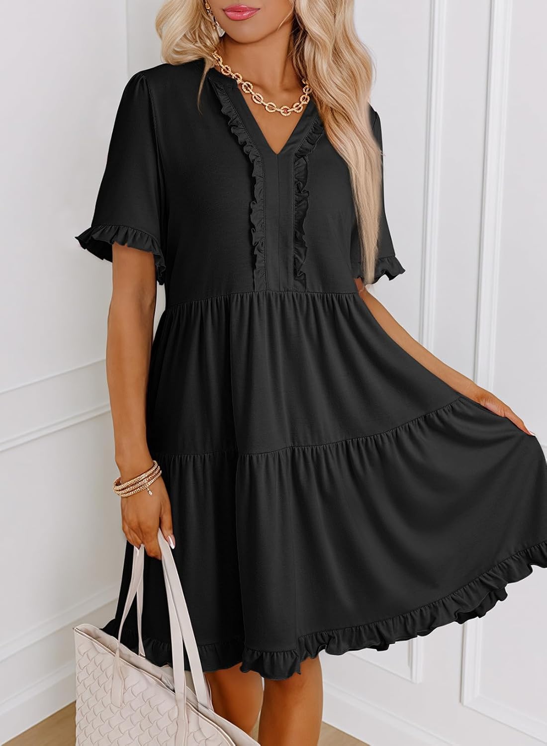 Thumbnail 1 de Dokotoo V-Neck Tiered Babydoll Mini Dress for Women—Casual Ruffle Summer Style