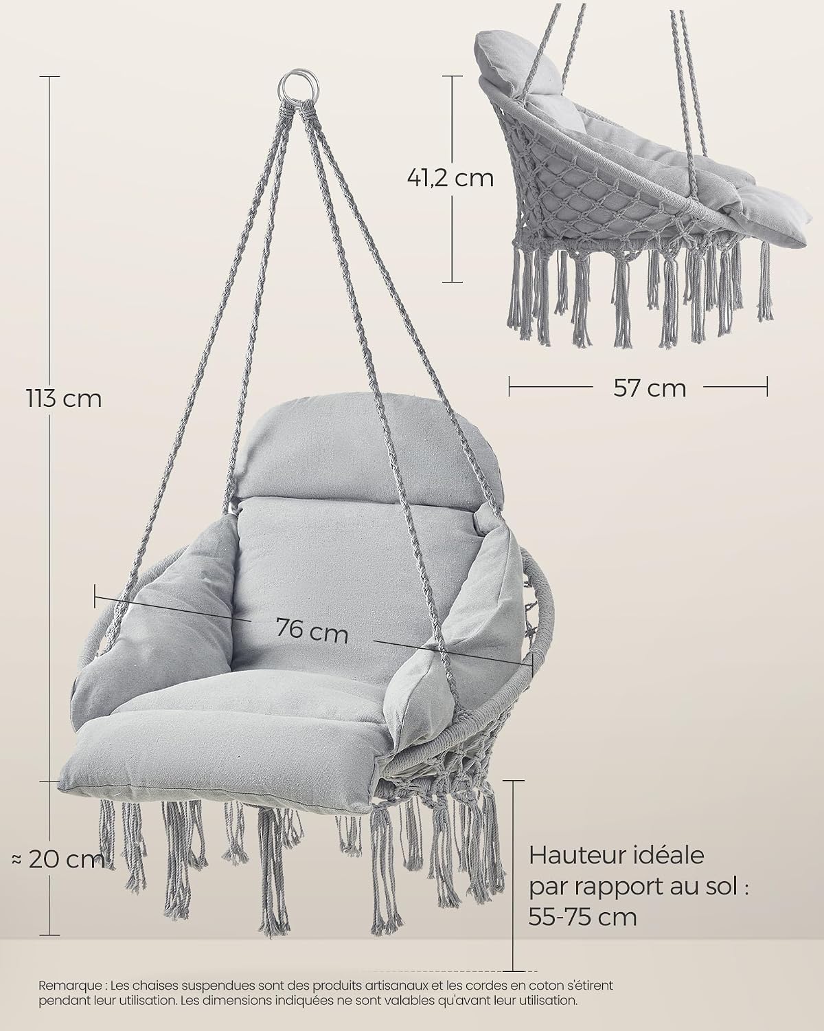 Thumbnail 4 de SONGMICS Fauteuil suspendu GDC042G11V3 avec coussin épais et franges, capacité 120 kg, gris tourterelle