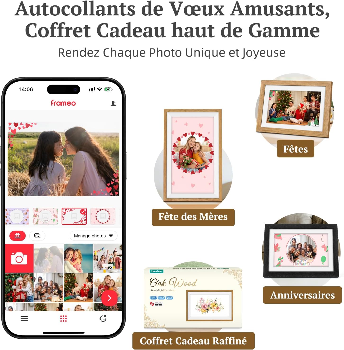 Thumbnail 6 de Apveelveer Frameo Cadre photo numérique WiFi 15,6 pouces 94% sRGB, 32 Go, tactile IPS (chêne)