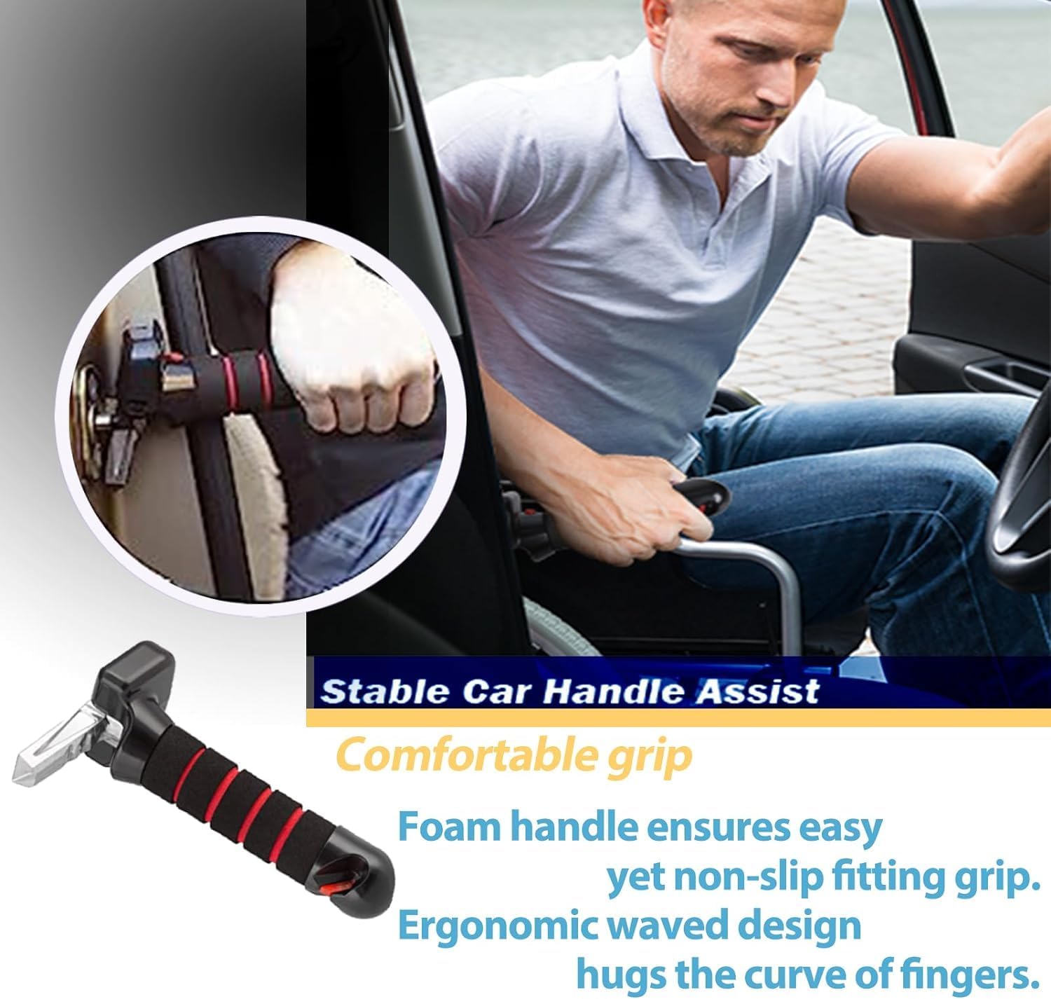 Thumbnail 5 de HoldOneLight 3-in-1 Car Door Assist Handle — 2 Pack (Red) with Window Breaker and Seatbelt Cutter