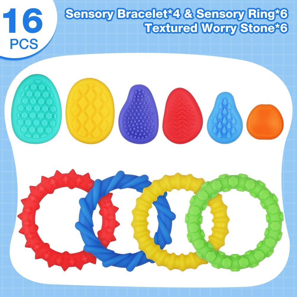 Detalle de Aolso Fidget Toys: 4 braccialetti elastici, 6 anelli e pietre sensoriali per antistress – set multiuso