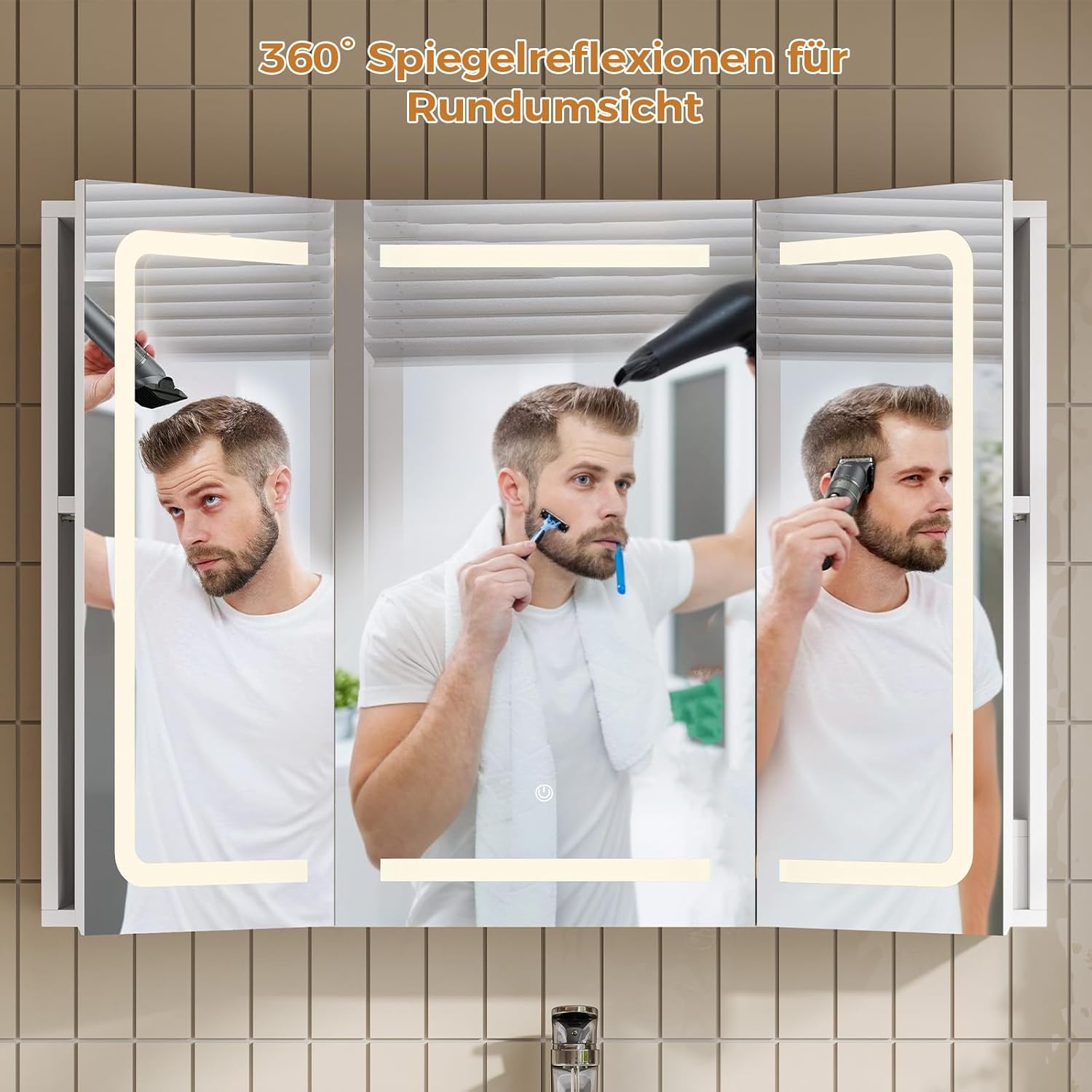 Thumbnail 3 de mojiasion Spiegelschrank fürs Bad mit LED, Touch-Dimmer, Steckdose & 3 verstellbaren Regalen (60×80×16 cm)