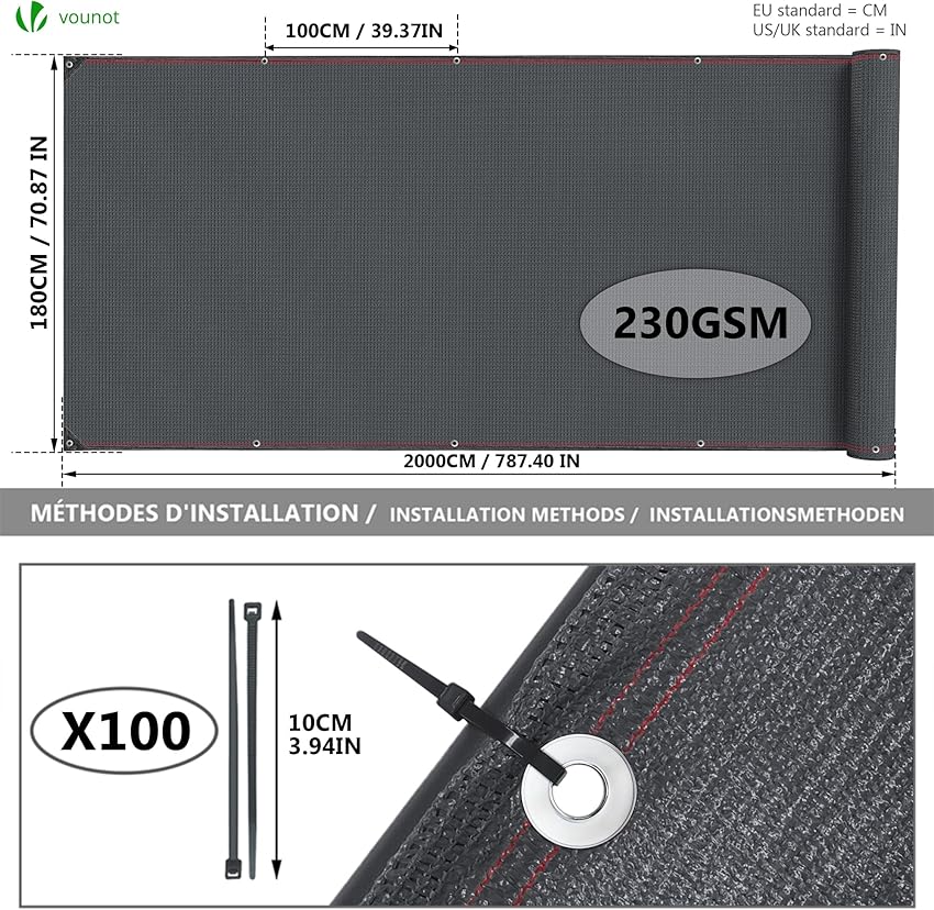 Thumbnail 3 de VOUNOT Malla sombreo 1,5×20 m — valla privacidad 230 g/m²