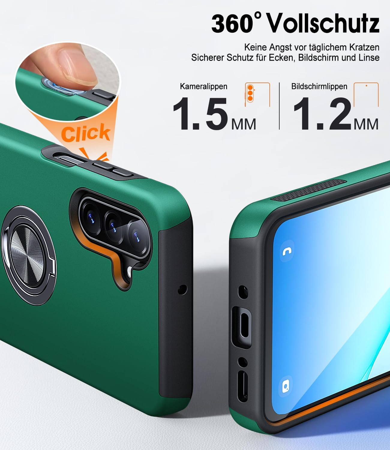 Detalle de AOUIA Schutzhülle für Samsung Galaxy A17 5G mit 2x Panzerfolie, 360° Ring-Ständer & Militärschutz – Grün