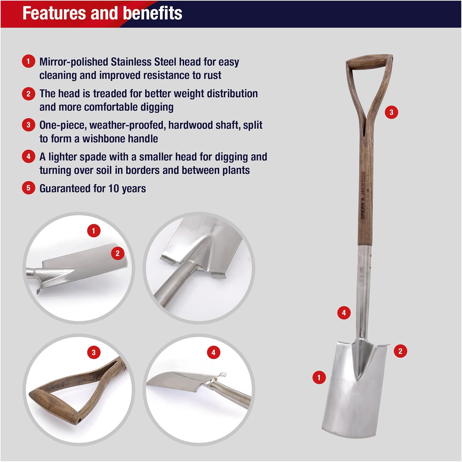 Thumbnail 1 de Spear & Jackson Traditional Stainless Steel Border Spade with 712mm Wooden Handle