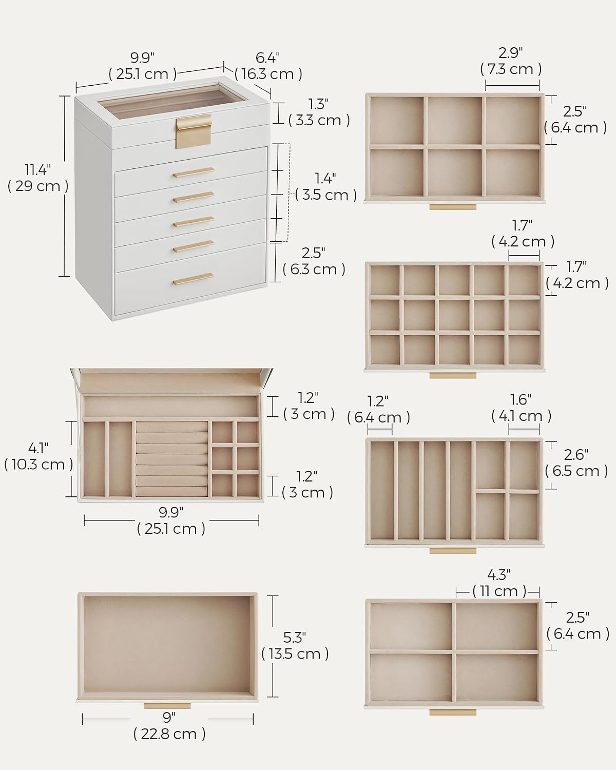 Detalle de SONGMICS Collection Jewellery Box with Glass Lid (GISELLA JBC171W01) – 6-Layer Storage, Cloud White & Gold
