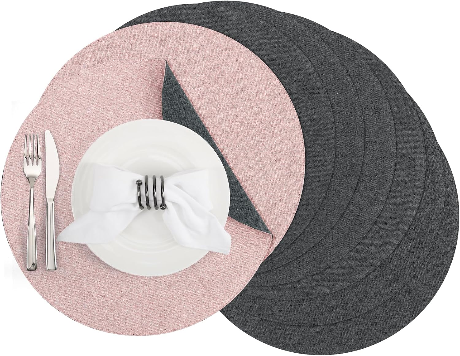 Detalle de Banchif Tischsets Ø38 cm aus Leinenimitat, rutschfest, beidseitig genutzt – 8er Set Grau-Rosa