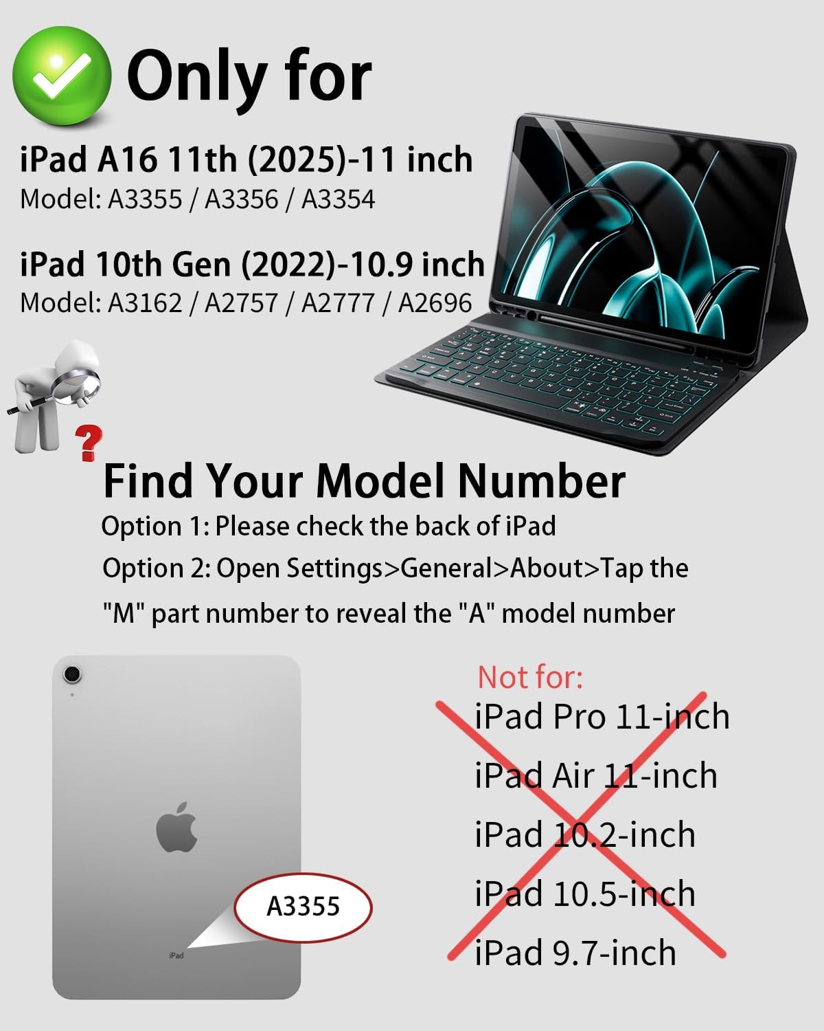 Thumbnail 1 de TUNKARMOR A16 iPad 10th/11th Generation Keyboard Case (Backlit) with Pencil Holder, Black