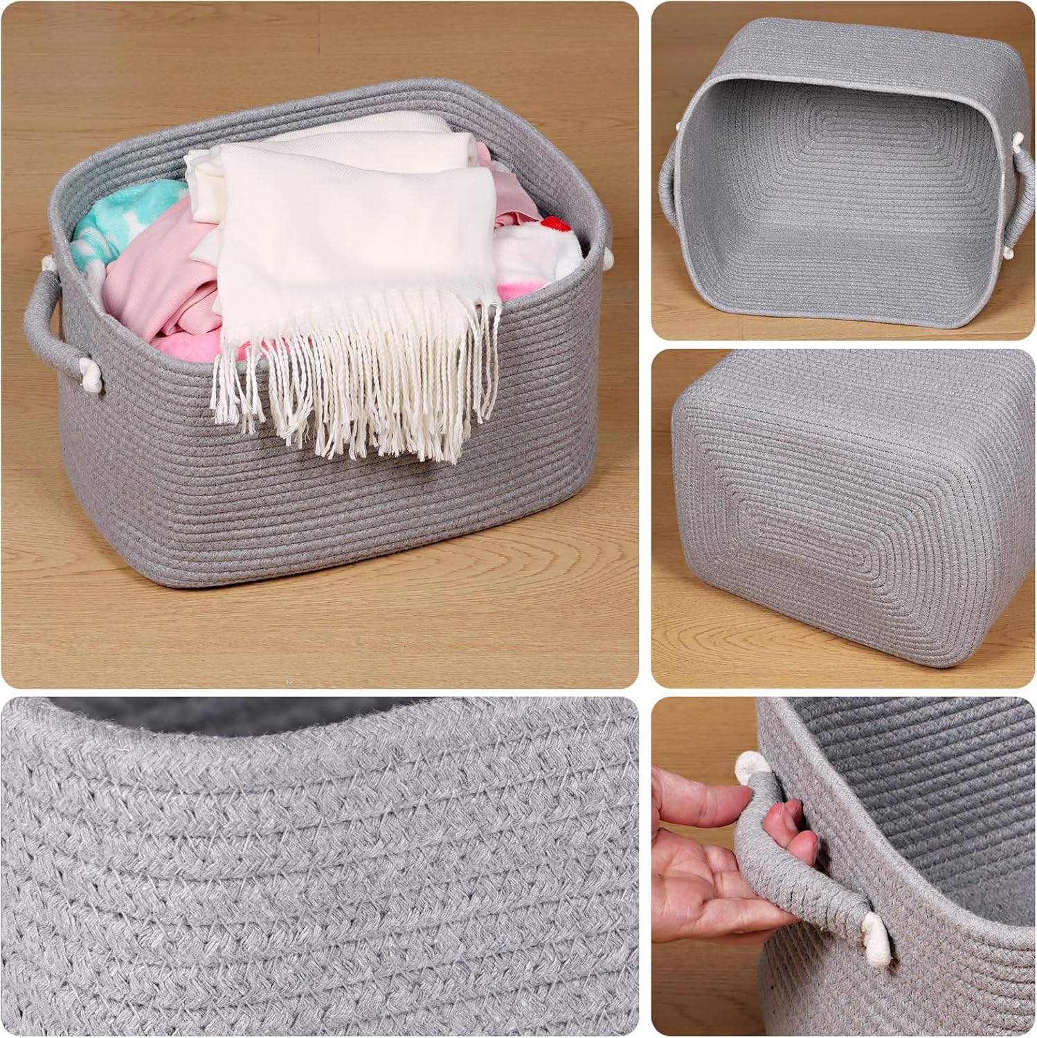 Detalle de Univivi 3-Pack Rope Storage Baskets (White/Grey) for Shelves & Home Organisation