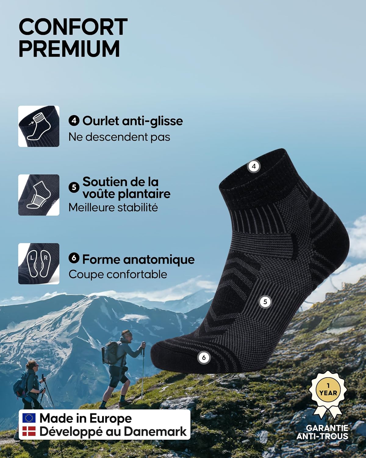 Thumbnail 2 de Danish Endurance Chaussettes de randonnée en laine mérinos légères (lot de 3) – coupe basse, anti-blister