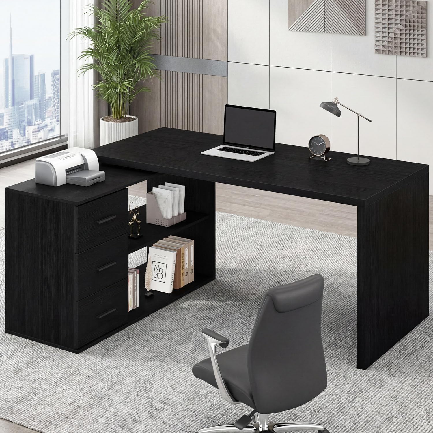 Detalle de HSH Eckschreibtisch in L-Form mit Schubladen, umkehrbar – großer Workstation-Arbeitsplatz (schwarz, 150 cm)