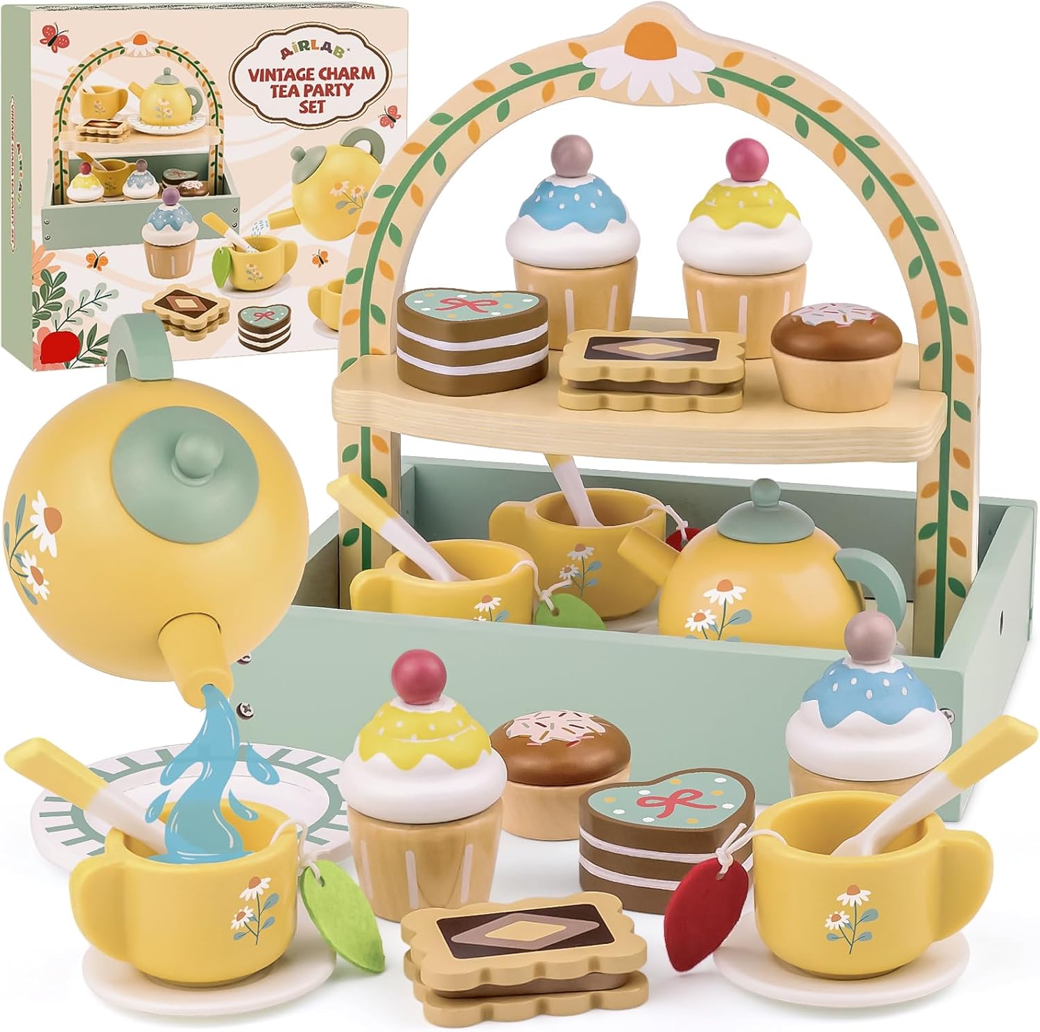 Detalle de A Wooden Tea Sets for Little Girls: Creative Play Set with Teapot, Cakes, and Stand