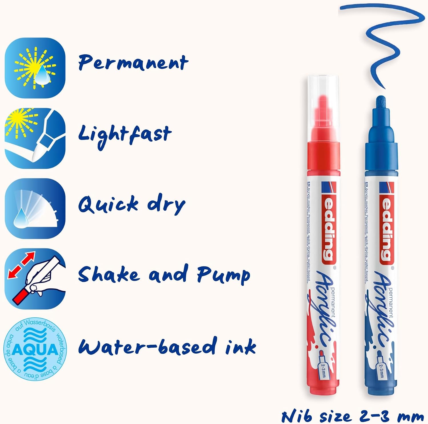 Detalle 1 de edding 5100 Marqueur acrylique 5 couleurs (noir, rouge, bleu, jaune, vert jaune) pointe ronde 2–3 mm