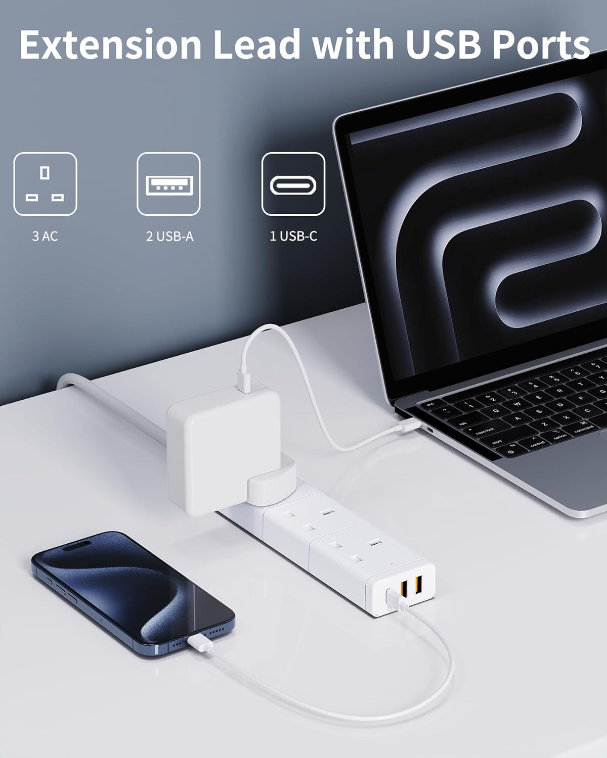 Detalle 2 de Extension Lead with USB Slots: 3-Gang Power Strip with 2 USB-A and 1 USB-C, 1.2m Cable