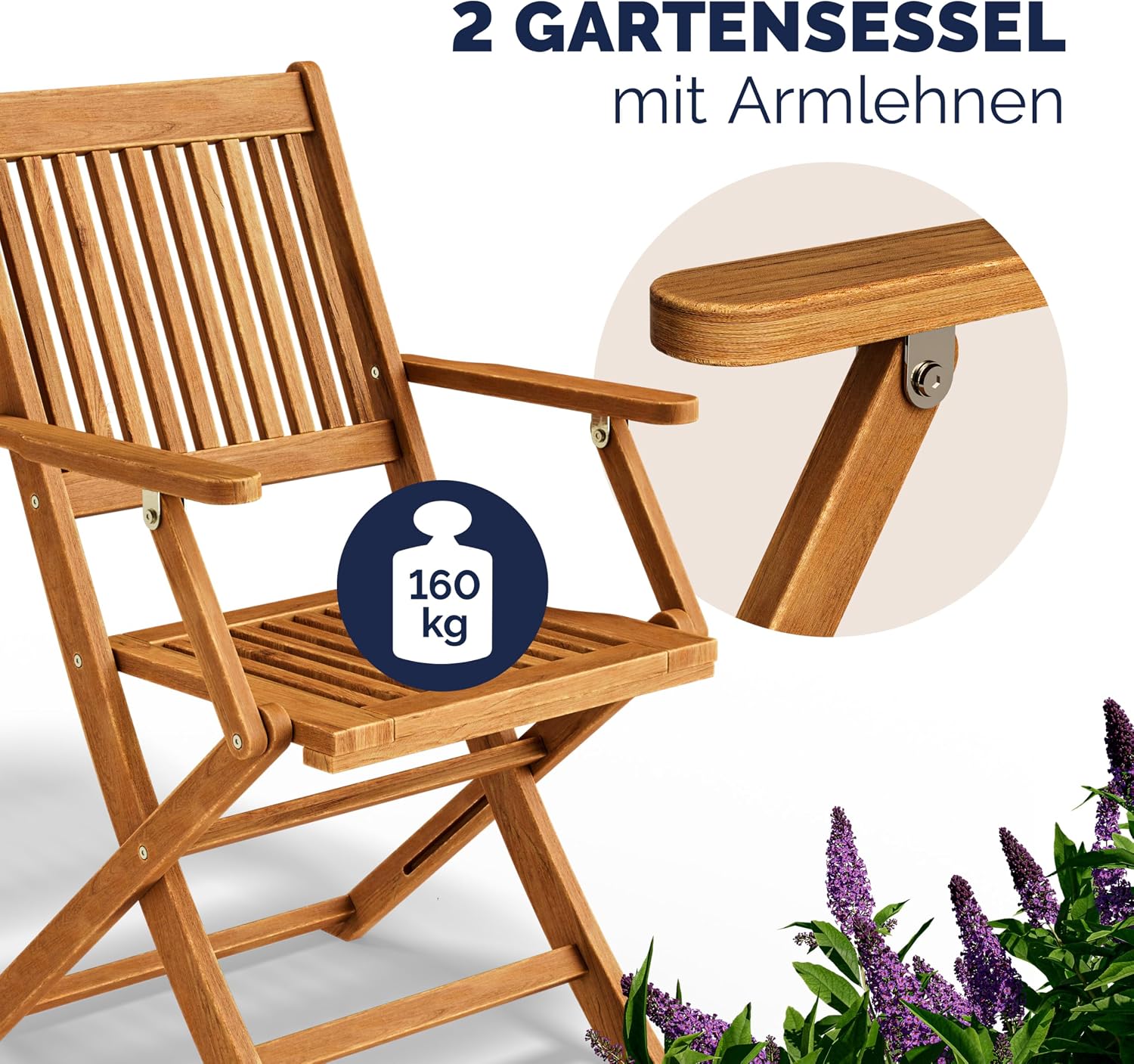 Detalle de Casaria Balkonmöbel-Set 3-tlg. aus Akazienholz (für 2 Personen), wetterfest, klappbar, FSC-zertifizierte Stühle