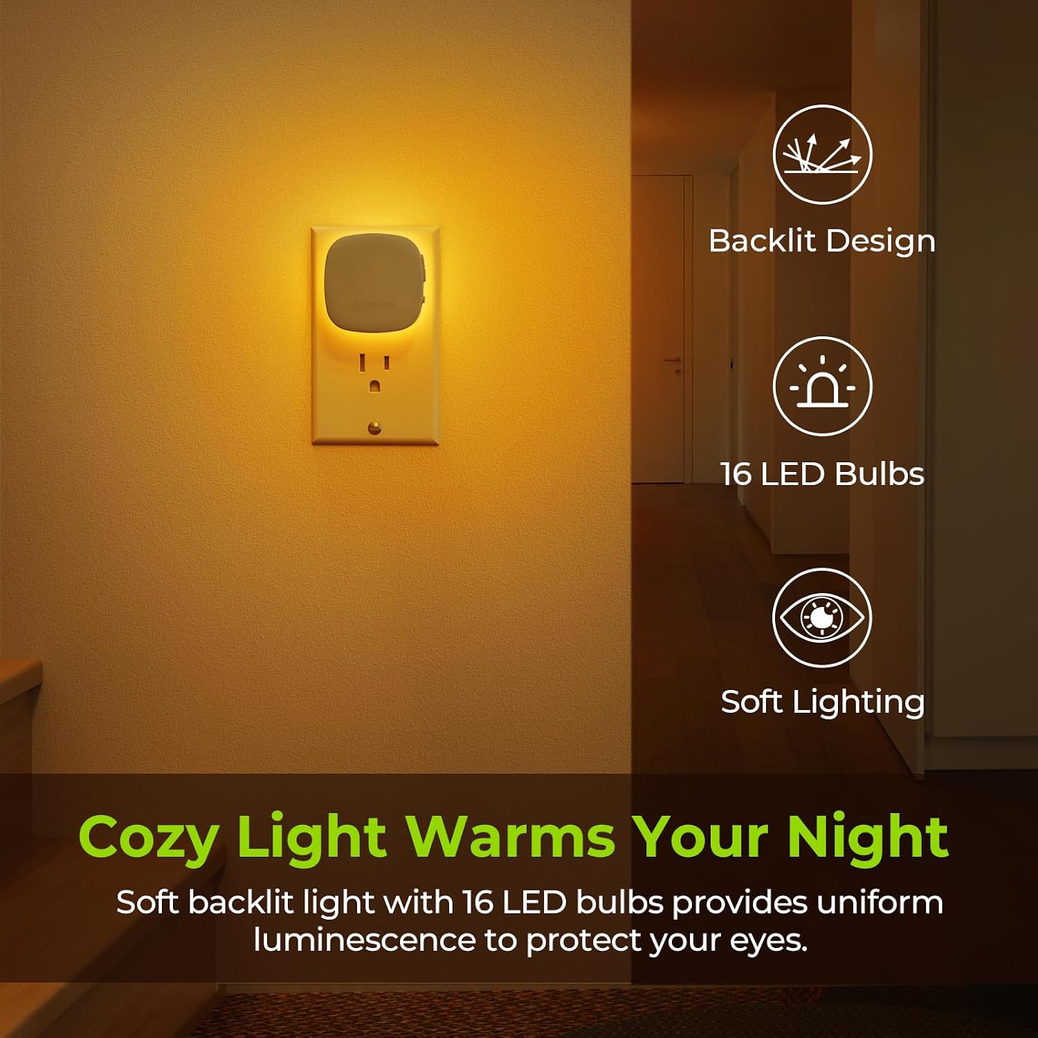 Detalle 2 de AUVON N001A Plug-In LED Backlit Night Light, Amber, Motion Sensor, Dimmable