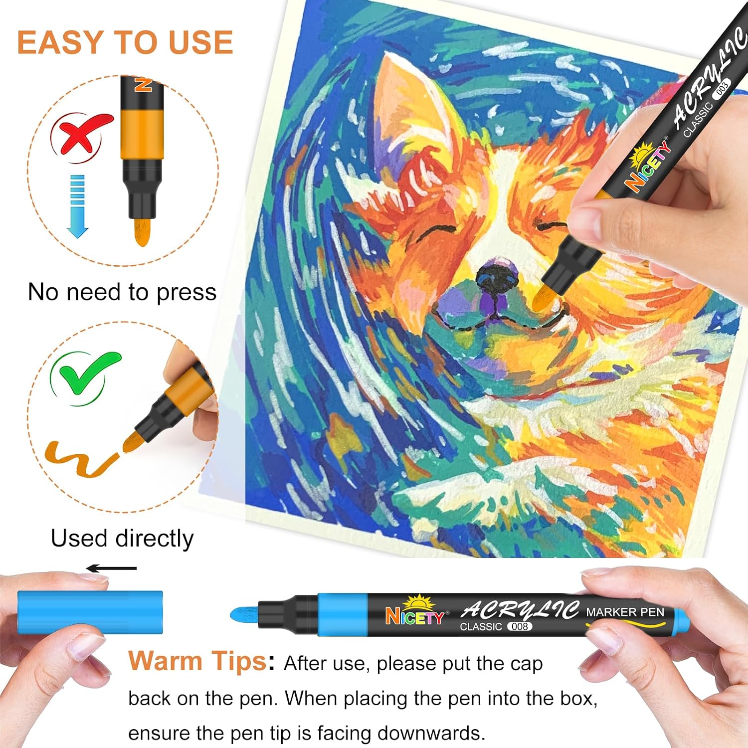 Detalle de NICETY 100 Pcs Acrylic Paint Pens – 3mm Medium Tip, Water-Based, Multi-Surface Markers