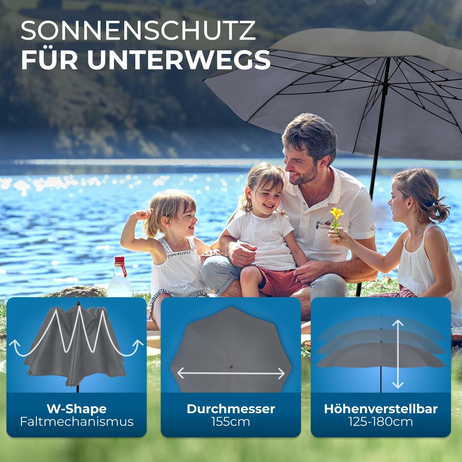 Detalle de STYNGARD Reise Sonnenschirm NIZZA – UV50+ Strandschirm, Ø155 cm, grau, kompakt mit Abspannleinen