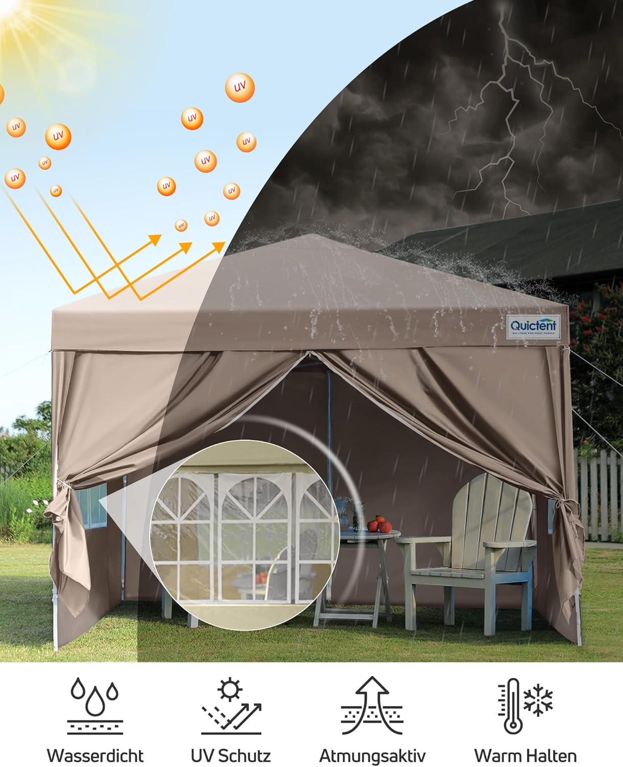 Detalle de Quictent Pavillon 3x3m mit 4 Seitenwänden – beige, wasserdicht