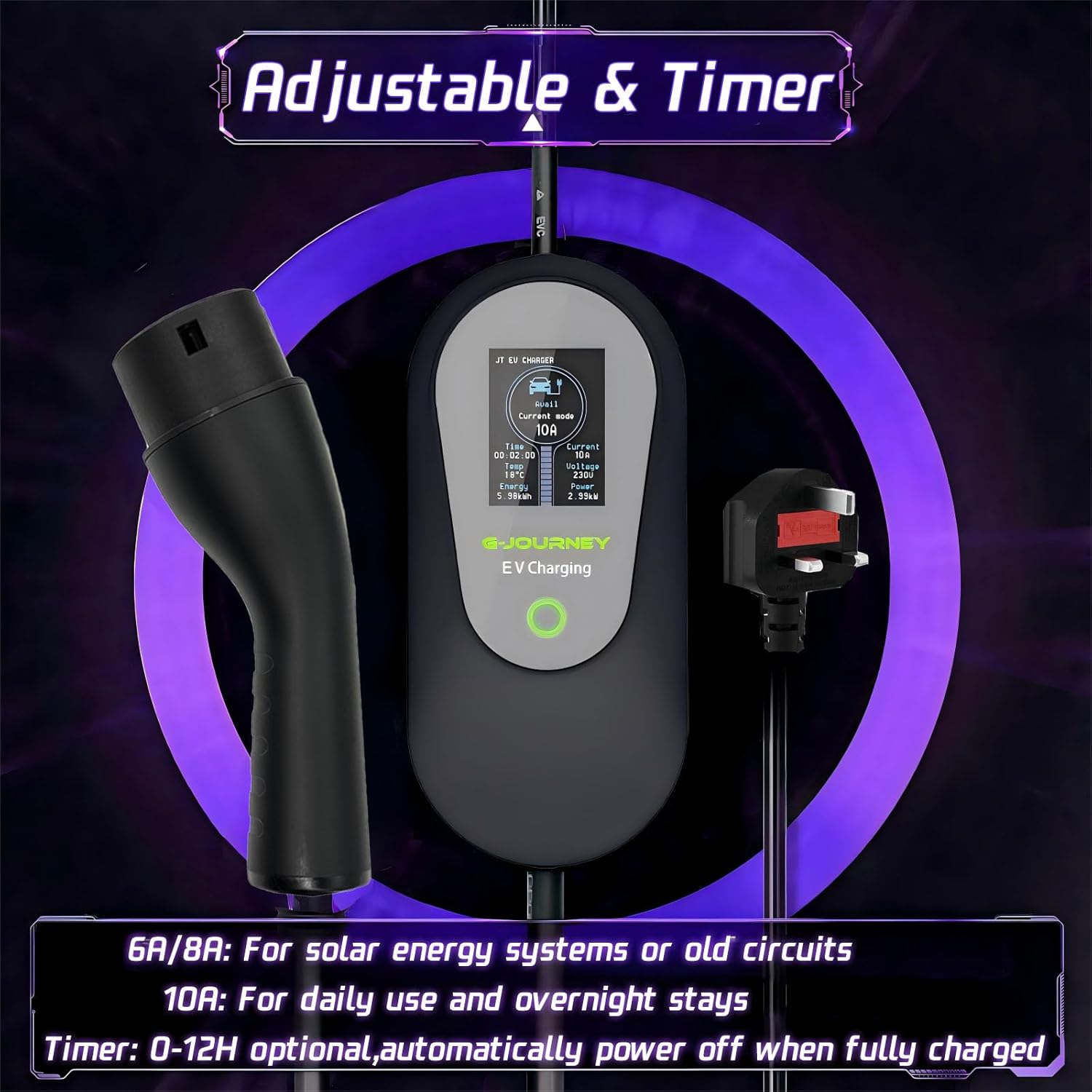 Detalle 2 de G-Journey EV Charger Cable Type 2 to 3 Pin Plug (8m) – Adjustable 6/8/10A, IP65, LED Display