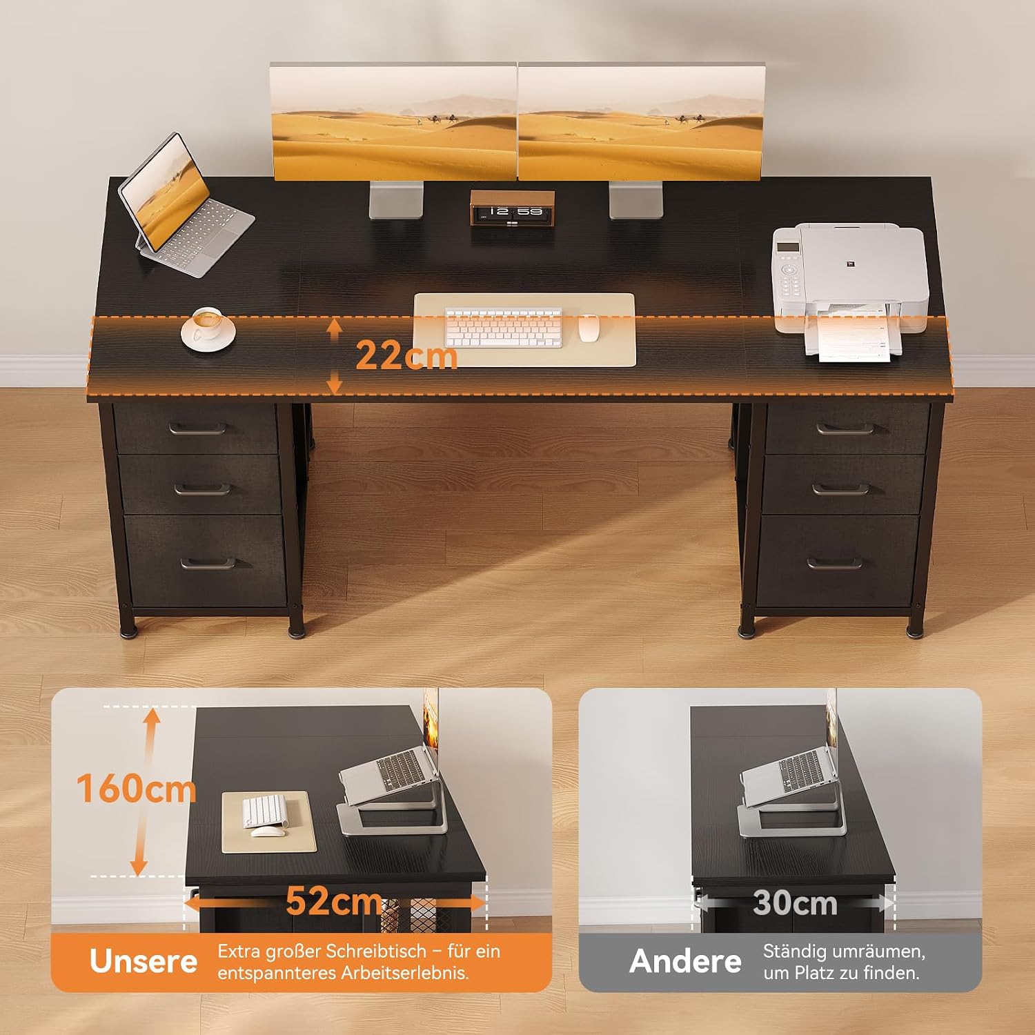 Thumbnail 5 de Coleshome Schreibtisch mit 6 Schubladen, 160x52 cm – Computertisch für Home Office, Schwarz