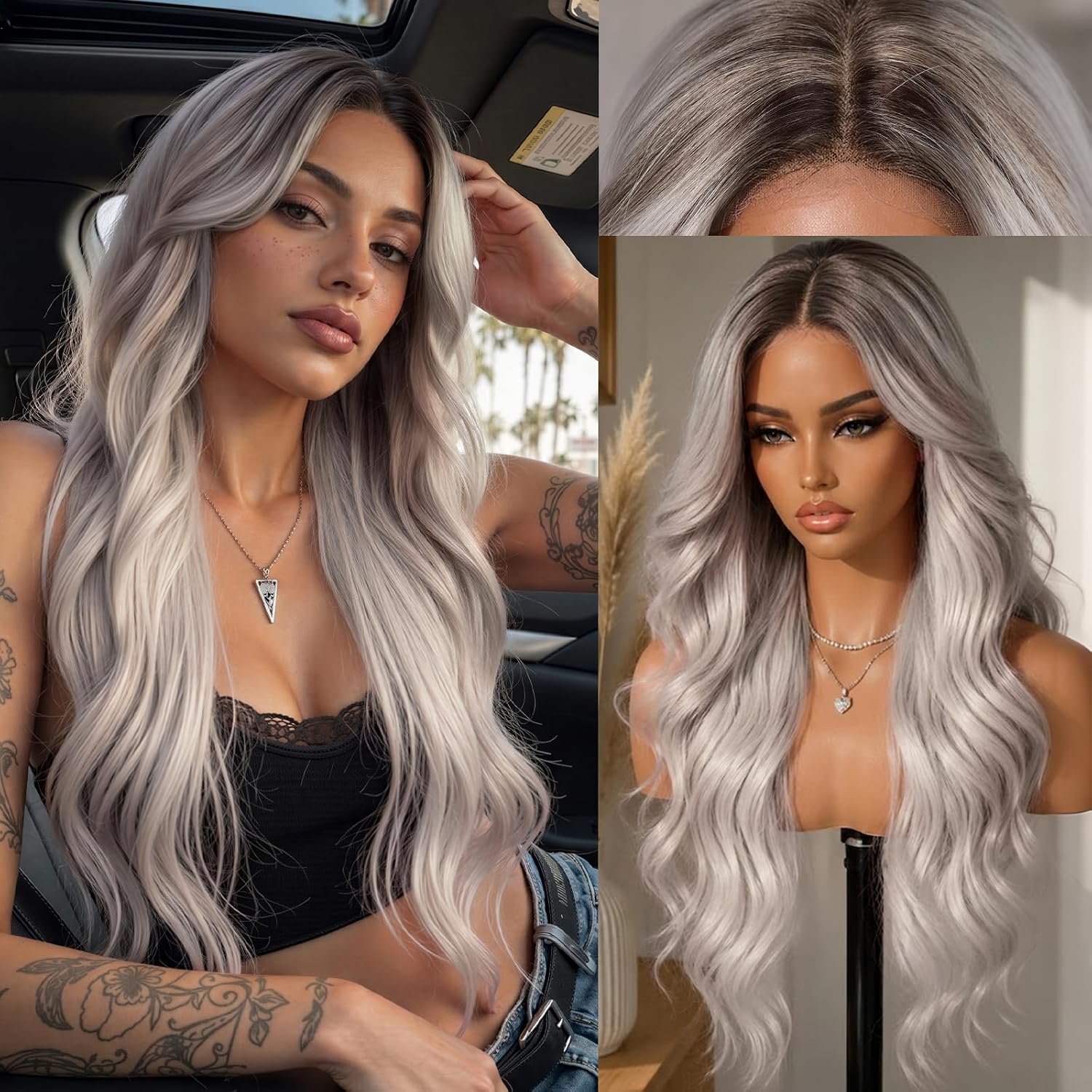 Detalle de KOME Silver Platinum Blonde 28-Inch Synthetic Lace Front Wig with Bangs