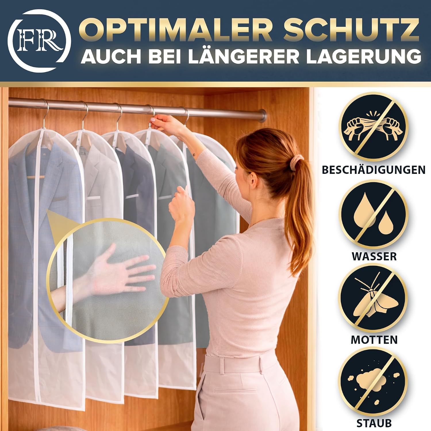 Detalle 2 de FiRiO Premium Kleiderhülle 120x60 cm – 2 Stück, mottensicher, atmungsaktiv, wasserfest, transparent