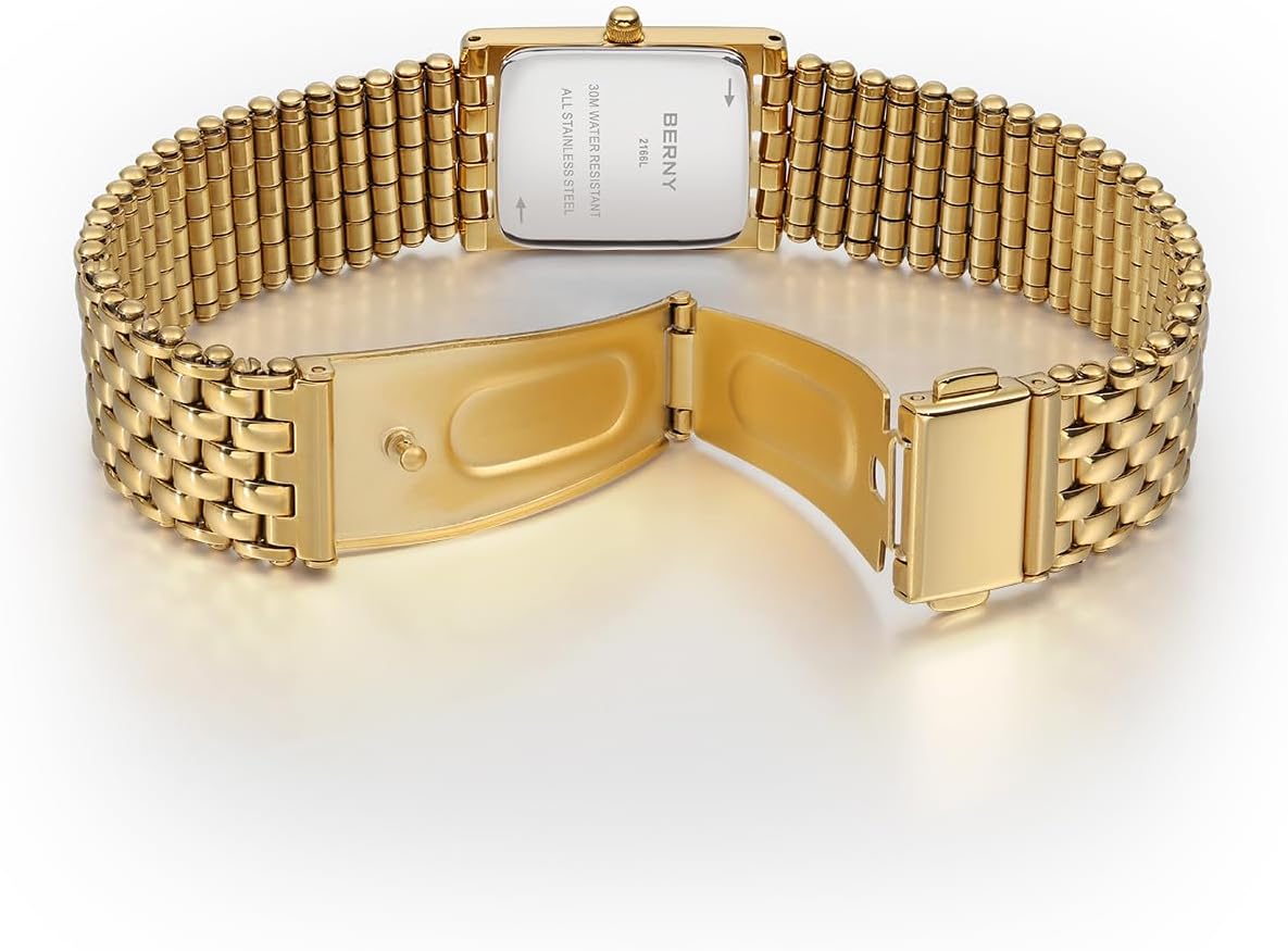 Detalle de BERNY Gold Uhr für Damen – Rechteckiges Design, Quarz, 3ATM Wasserfest