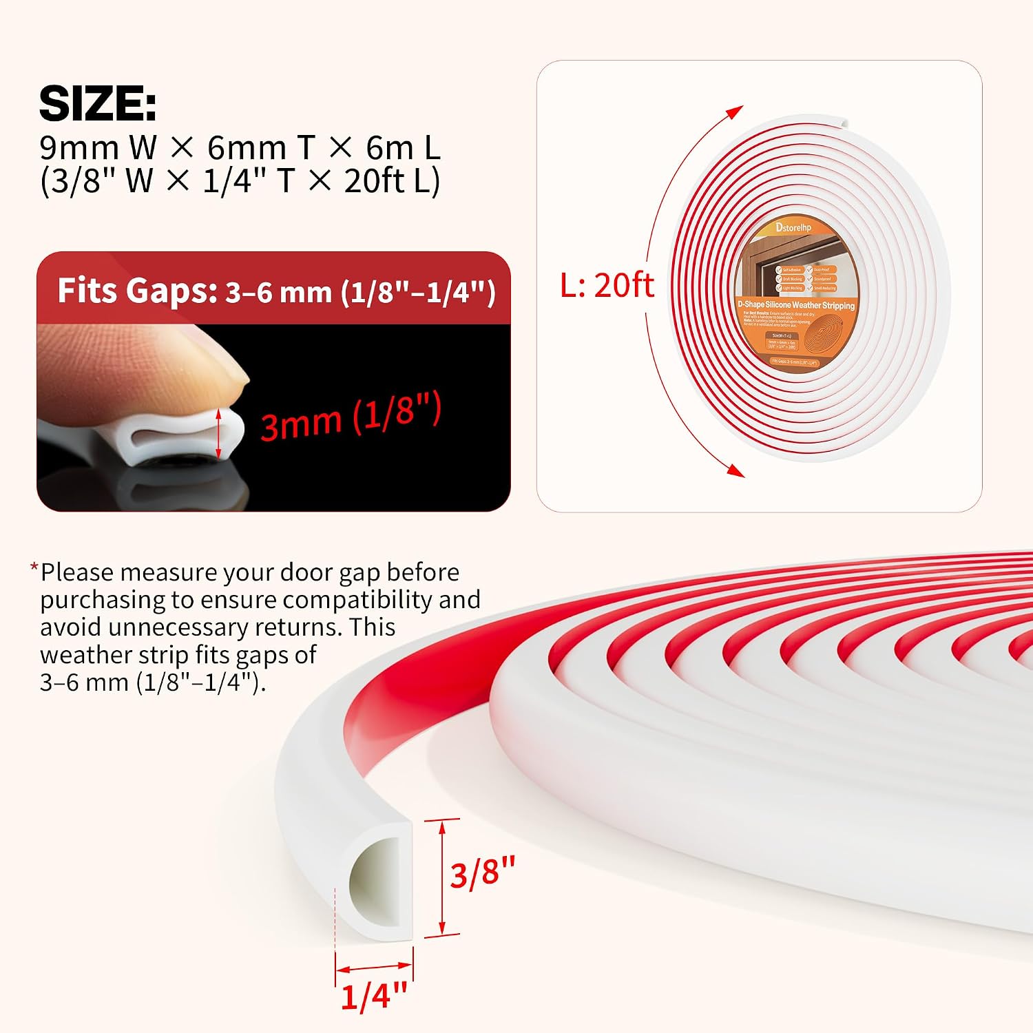 Detalle de Dstorelhp DWS966 Silicone D-Shaped Weather Stripping, White, 3–6 mm Gaps