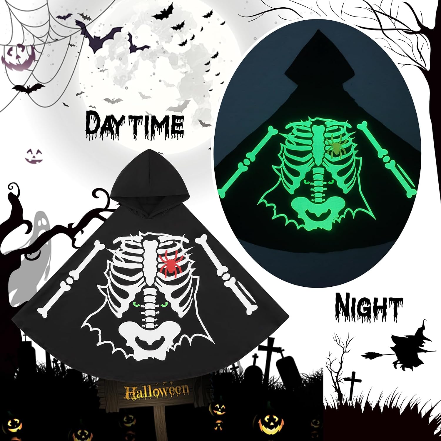 Detalle 2 de Hovershoes Kids Halloween Cape Glow in the Dark (3-12Y) – Comfortable Luminous Costume Cloak for Trick or Treat