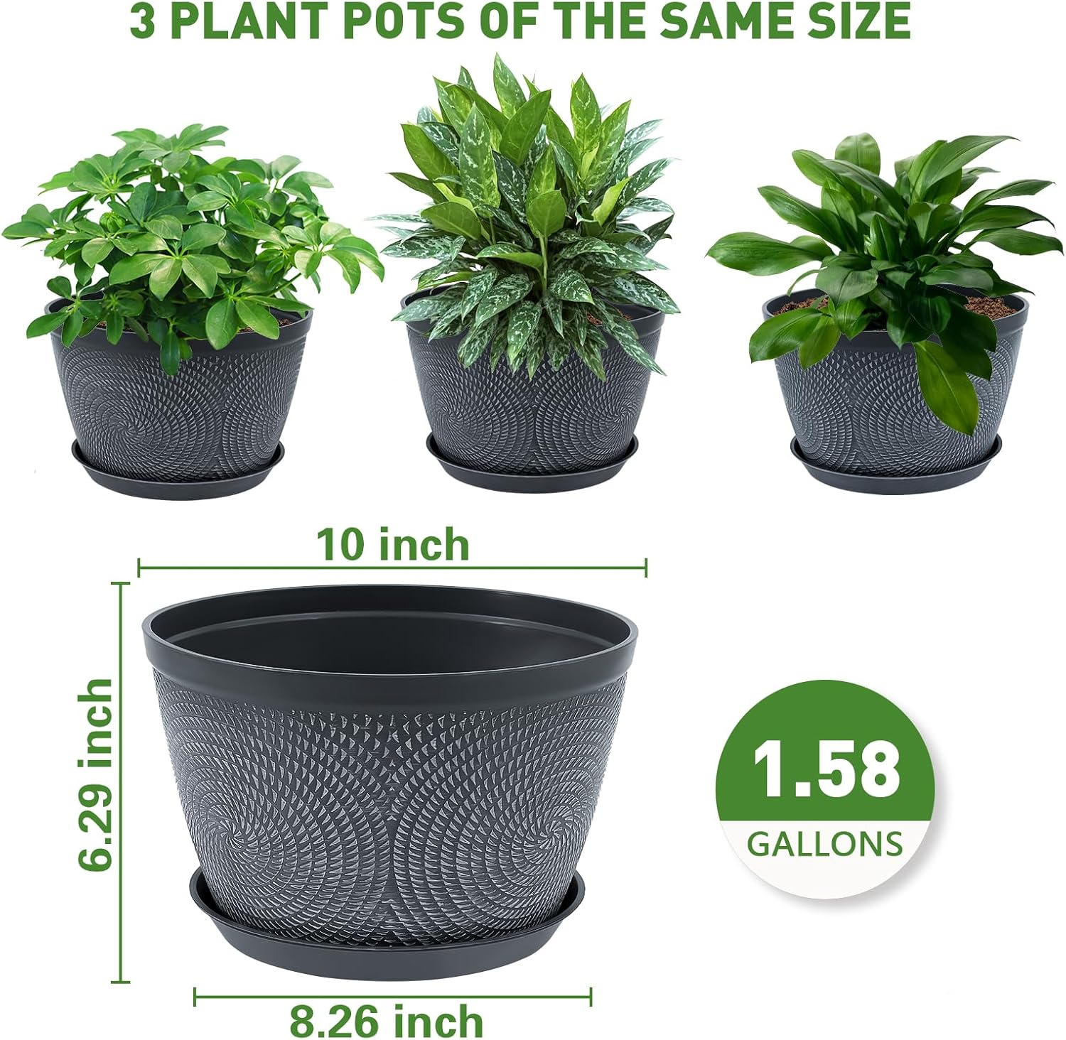 Detalle de Quarut 10-Inch Plastic Planters, 3-Pack with Drainage Holes and Saucers, Gray