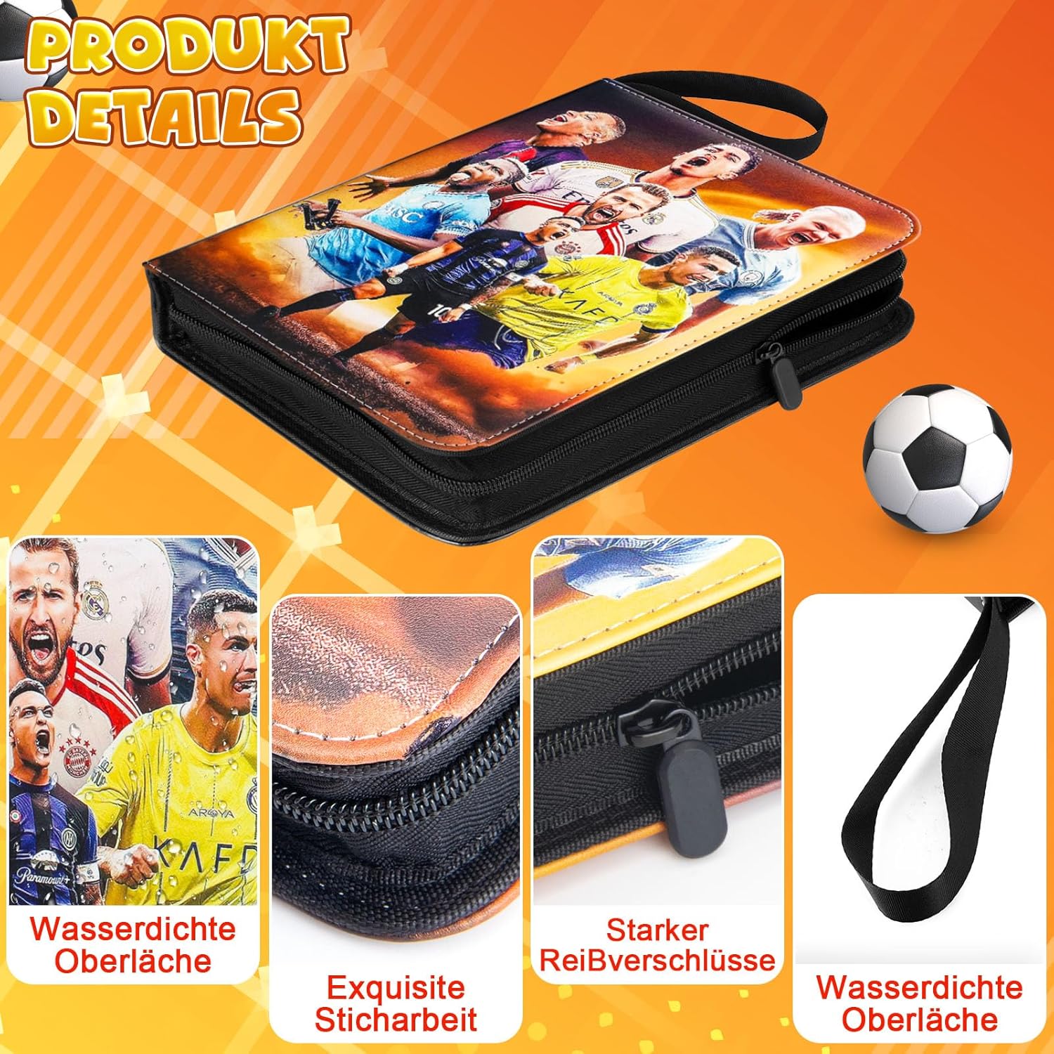 Detalle 2 de Sammelalbum Fußball Karten – 4 Taschen, Platz für bis zu 400 Karten, Reißverschluss, 50 Seiten pro Seite