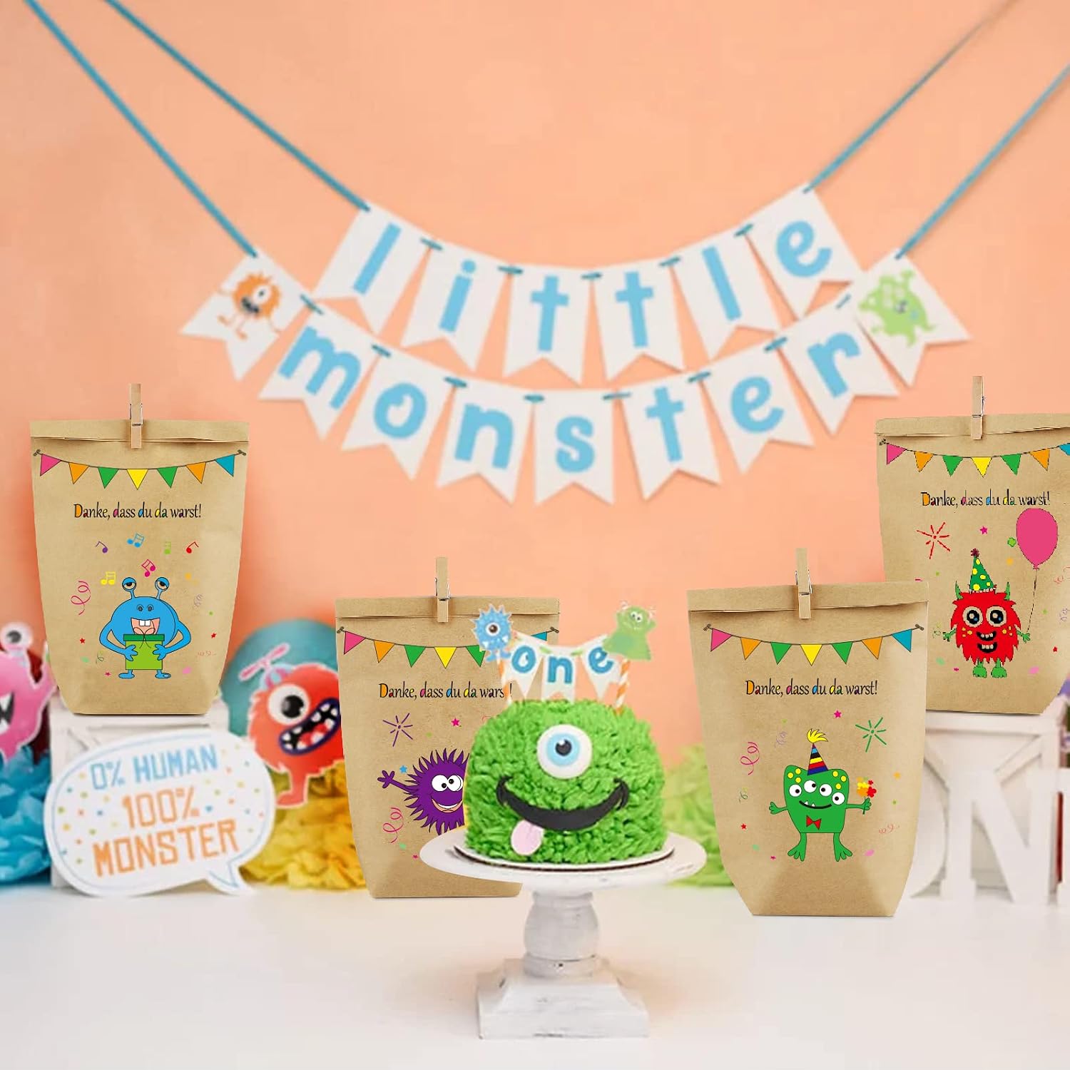 Detalle 2 de Monster Geschenktüten Monster Papiertüten-Set (12 Stück) mit 6 Motiven und Holzklammern