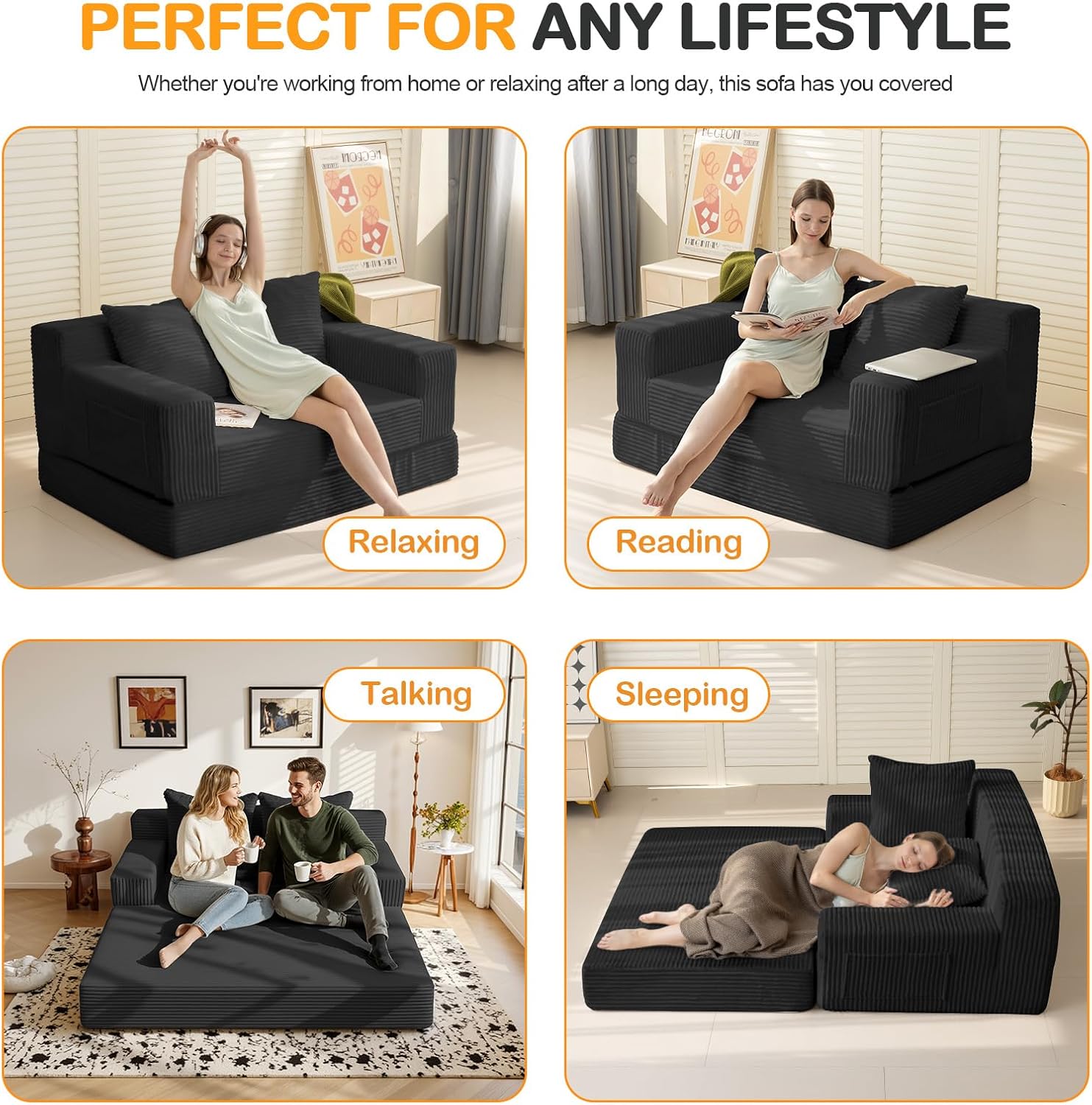 Thumbnail 3 de Erament Loveseat Convertible Sofa Bed, Black Corduroy, Folding Design