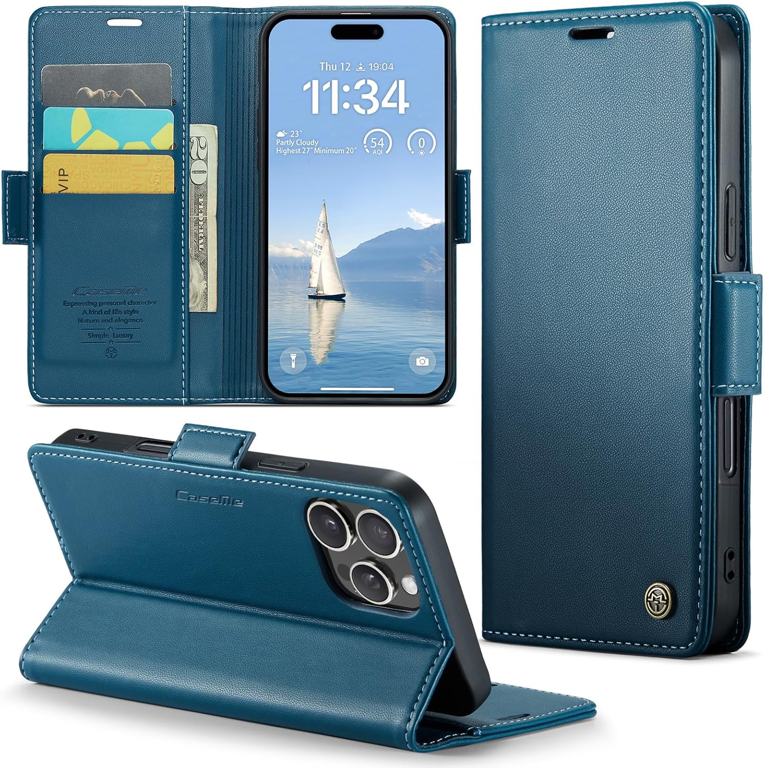 Detalle de Phernykas Handyhülle für iPhone 16 Pro – Leder Klapphülle mit Standfunktion, Kartenfächern und RFID-Schutz (Blau)