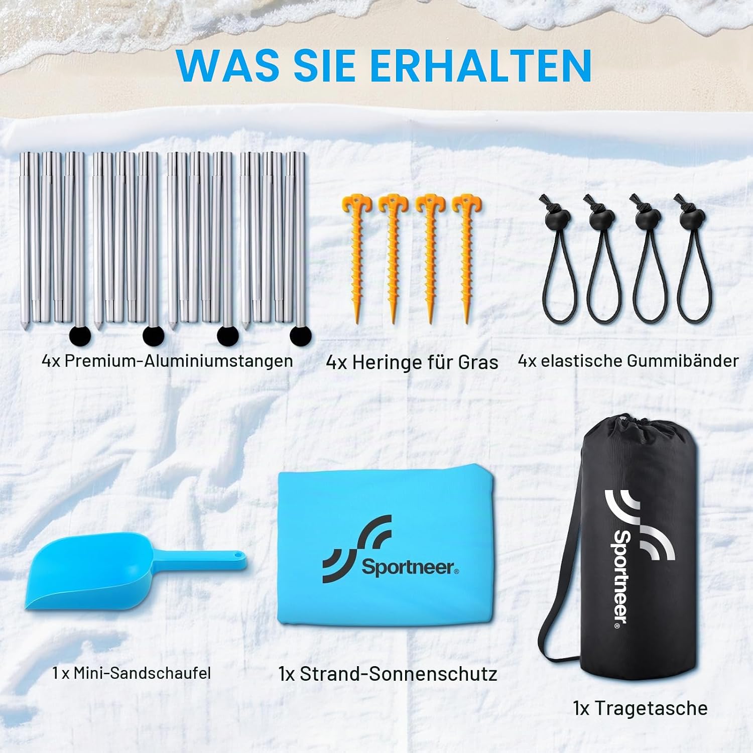 Detalle de Sonnensegel Strandzelt UPF50+ 3x3x2 m – Strandsonnenschutz mit 4 Stangen, 4 Sandsäcken und 4 Ground Anchors