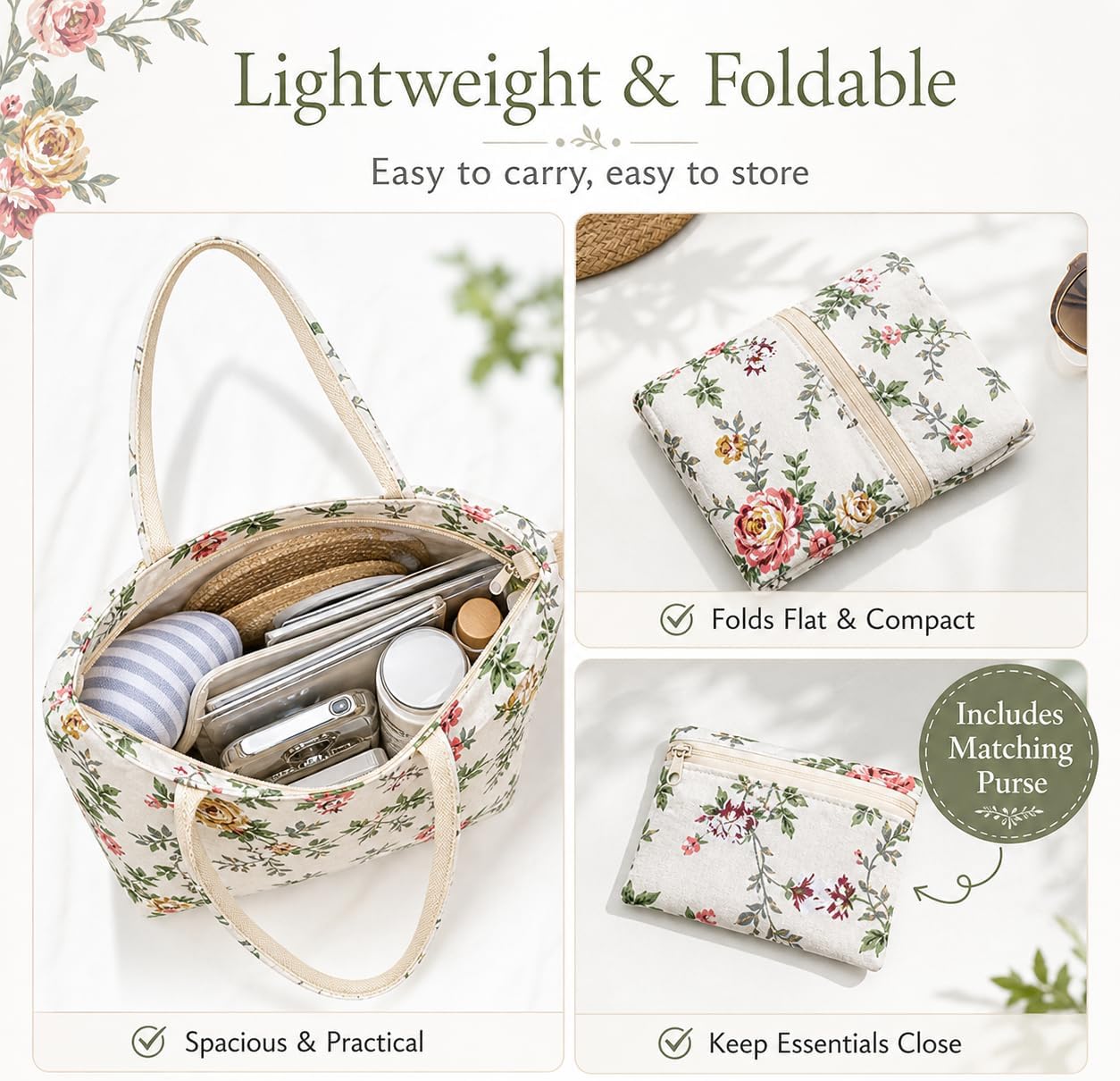 Thumbnail 5 de Lightweight Floral Canvas Tote Bag for Women with Free Purse – Spacious, Foldable Day-to-Trip Handbag