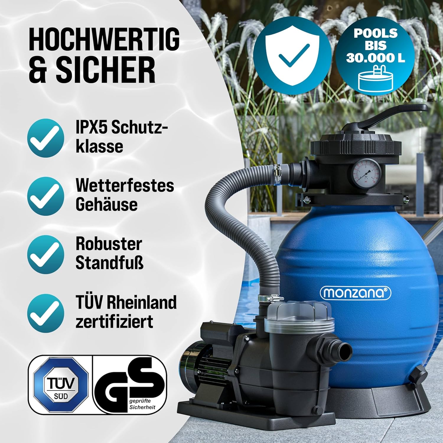 Thumbnail 3 de MONZANA® Sandfilteranlage SF96K 9.600 L/h für Pools bis 30.000 L inklusive Filterbälle, 7-Wege-Ventil, 2-in-1 Adapter Ø32-38 mm, 400 W