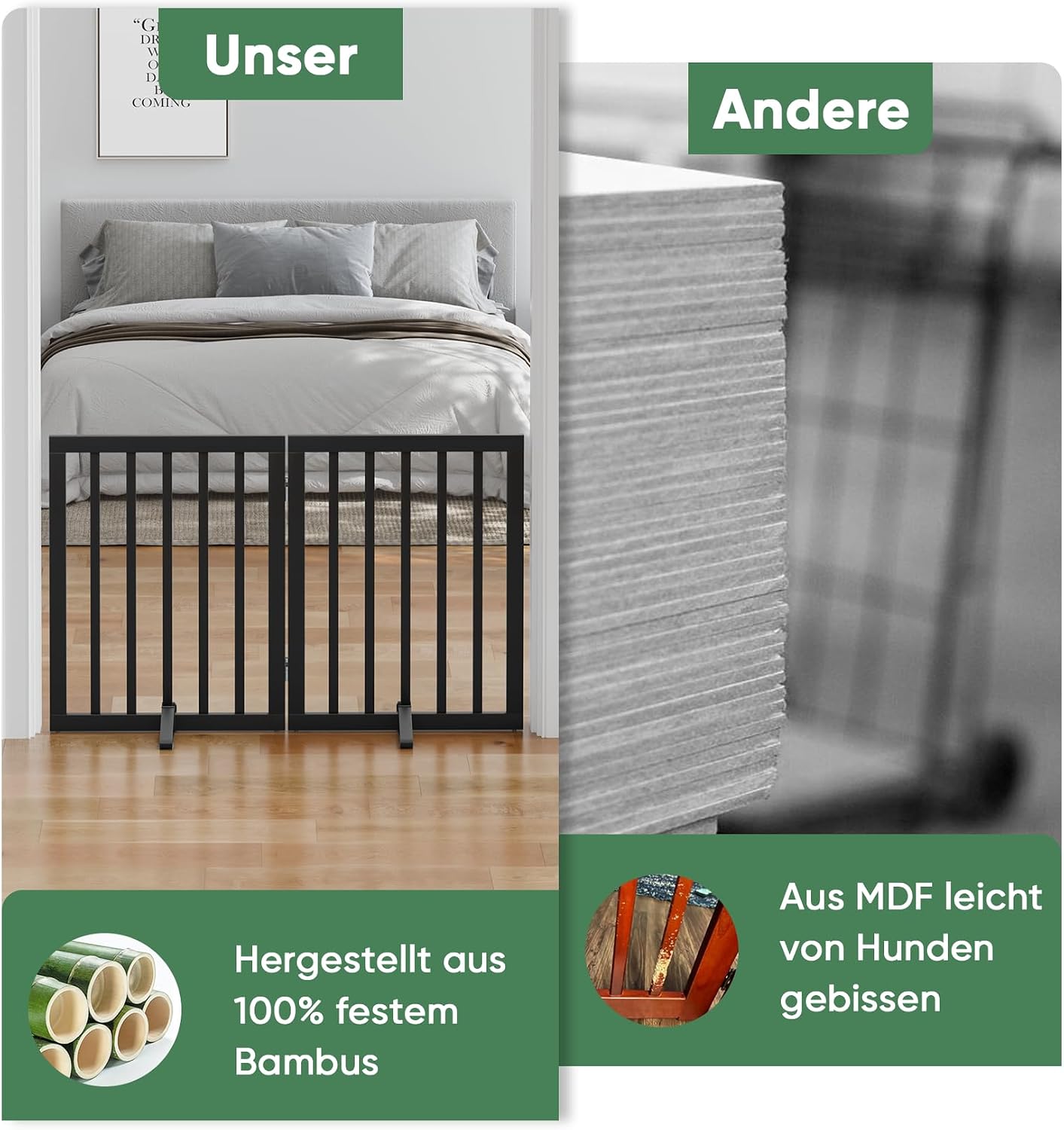 Detalle 2 de Hundegitter für Türen, Faltbares Innengitter aus Massivholz – 2 Paneele, Schwarz
