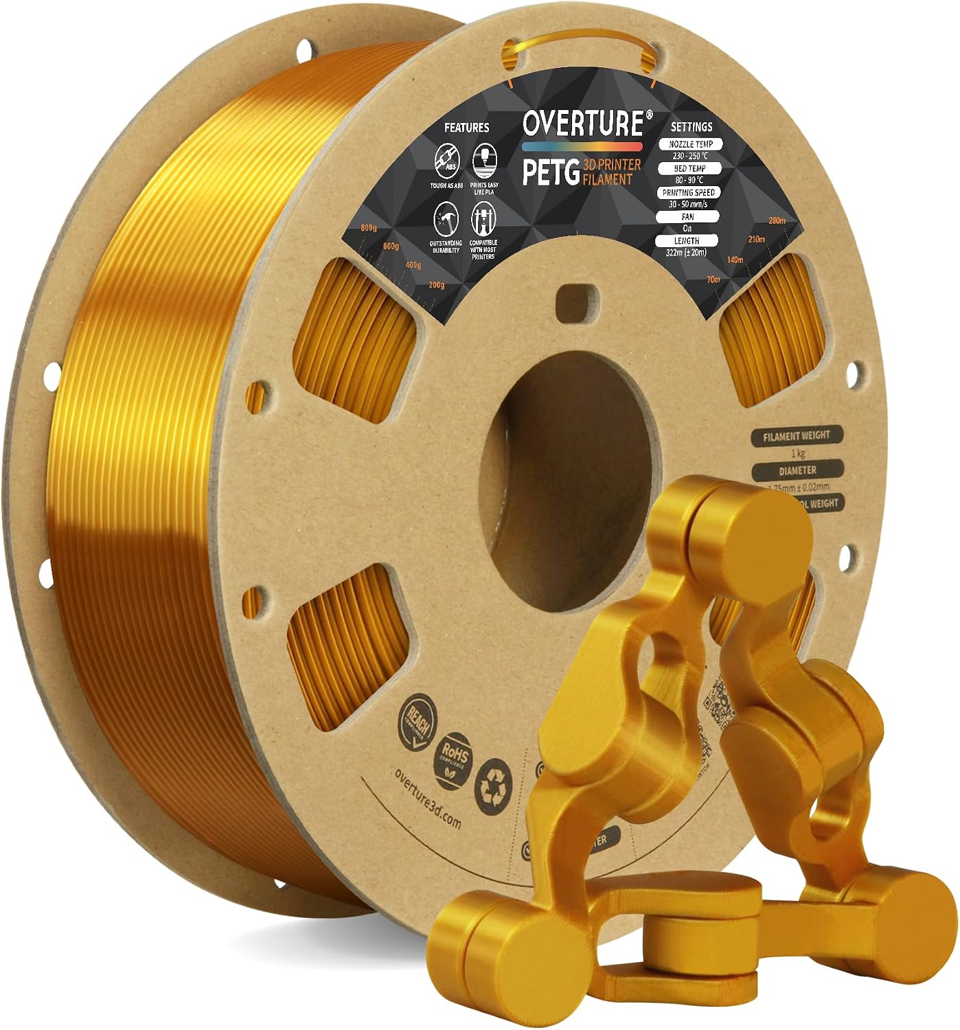 Detalle de OVERTURE Rapid PETG Filament 1,75 mm – 1 kg, präzise Spule, gold