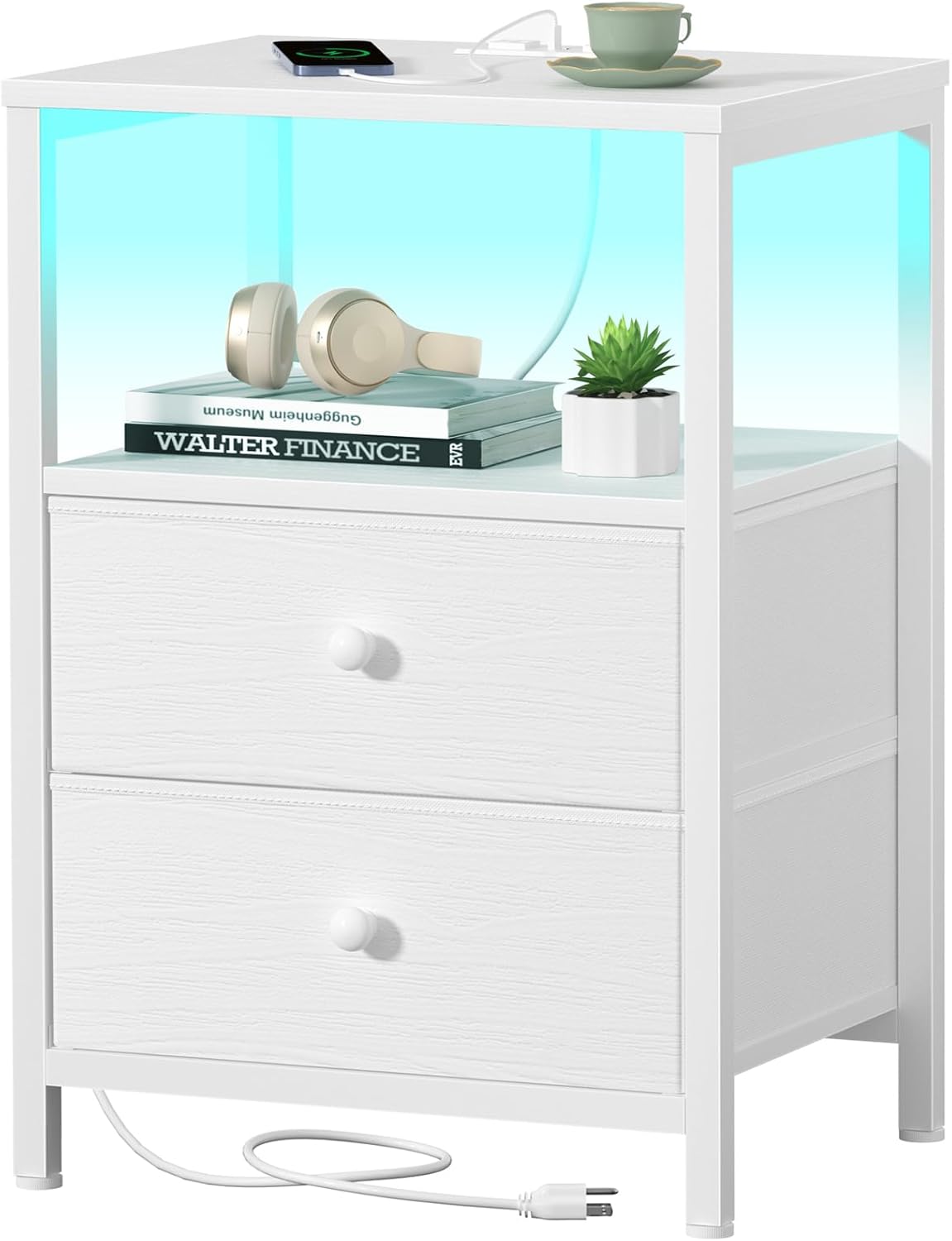 BOLUO White Nightstand with Charging Station