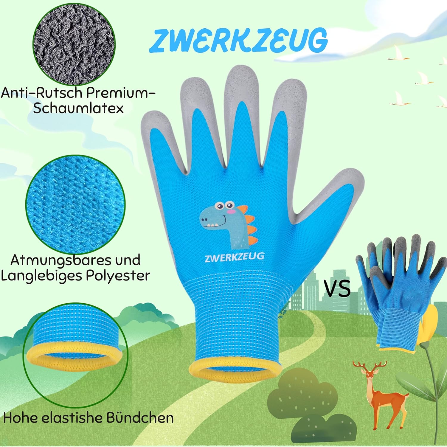 Thumbnail 4 de ZWERKZEUG Kinder Arbeitshandschuhe – 3 Paar (Naturlatex-Beschichtung, dehnbares Gewebe), mehrfarbig mit Dinos