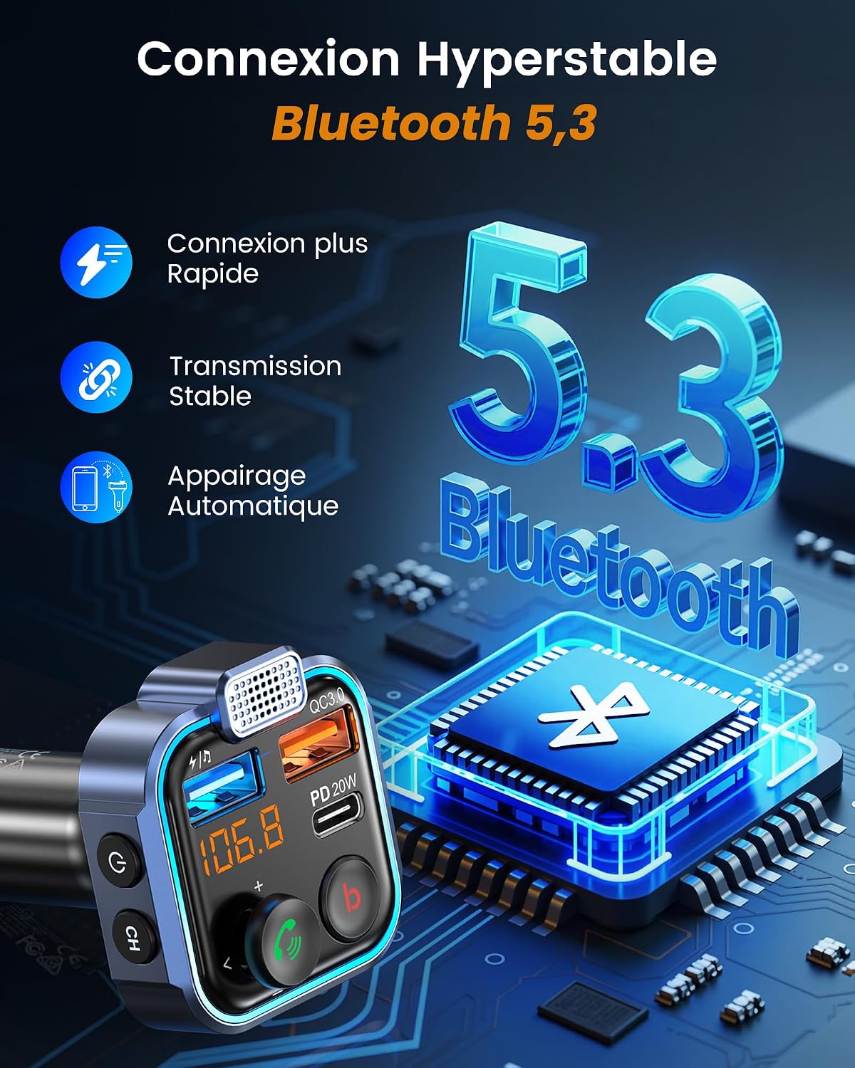 Detalle 2 de LENCENT Bluetooth FM-zender voor de auto met USB-C, QC 3.0 en basversterking