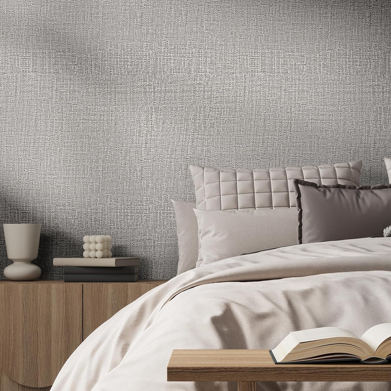 Detalle 2 de WADILE Grasscloth Peel-and-Stick Wallpaper, Light Gray Faux Linen Vinyl