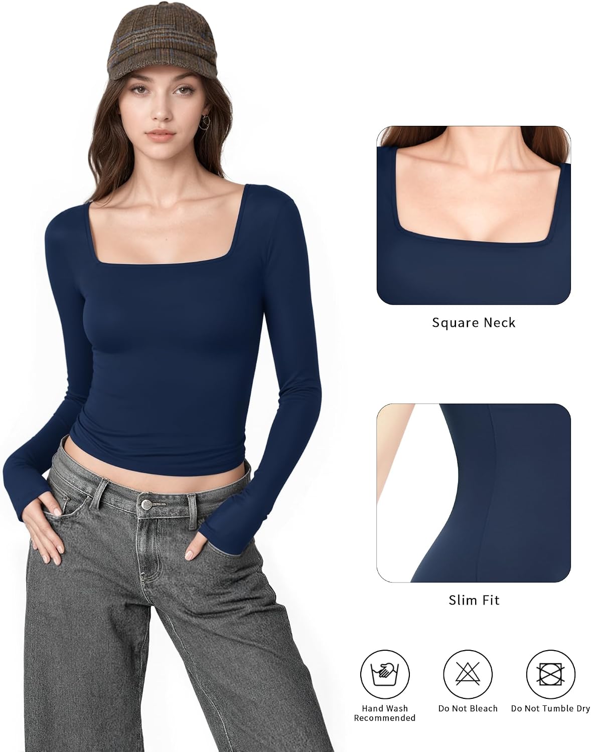 Detalle 2 de ALGALAROUND Women's Long Sleeve Square Neck T-Shirt – Slim Fit Top