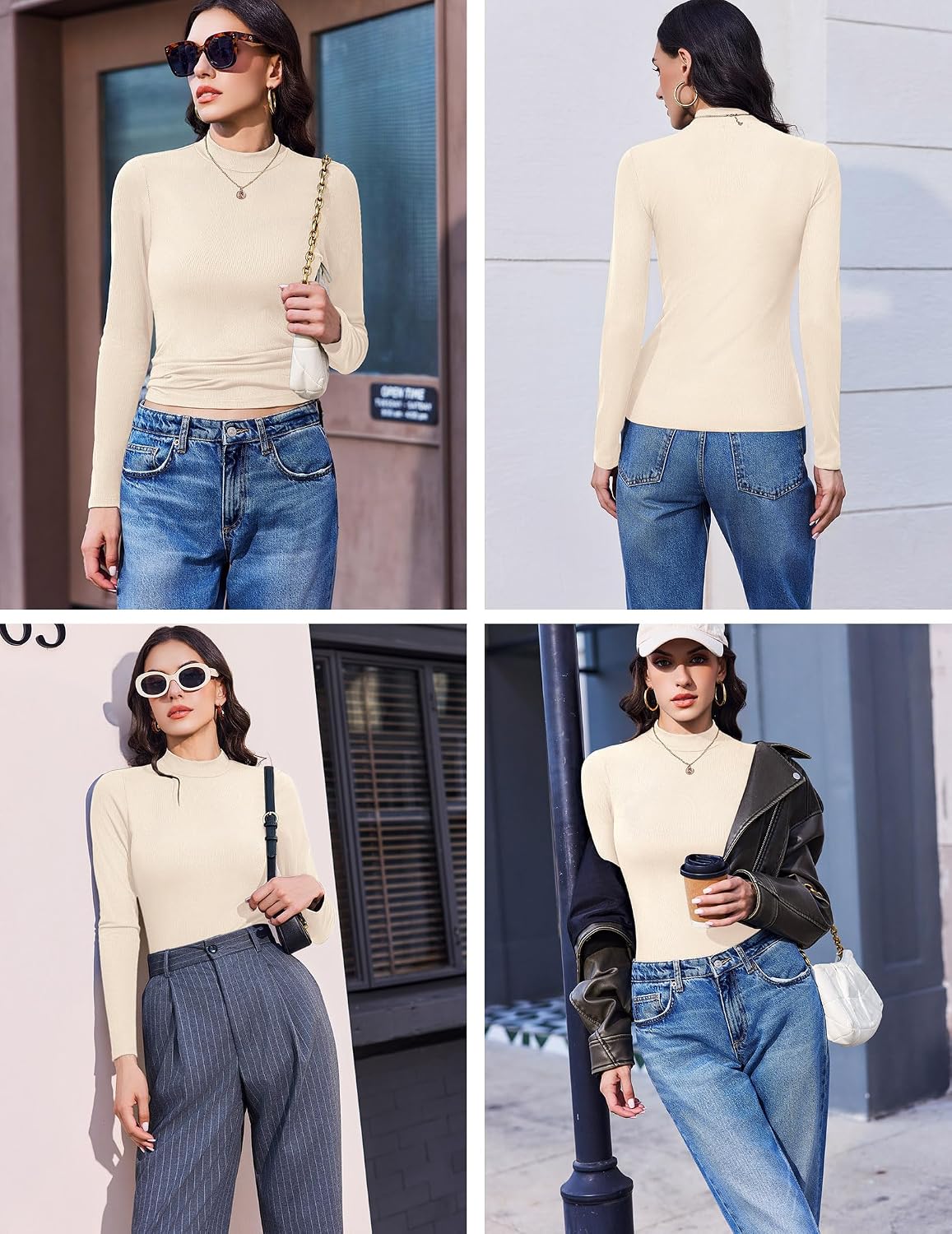 Detalle de Ekouaer 3-Pack Women's Mock Turtleneck Tops, Long-Sleeve Ribbed Shirts