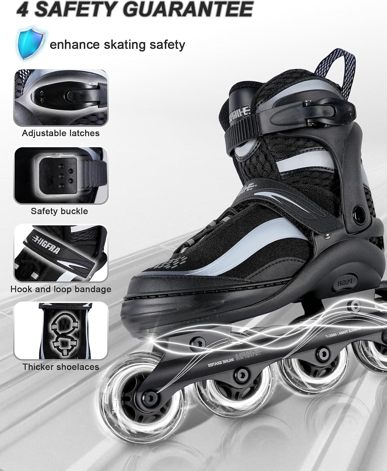 Detalle 2 de Higfra LED Light-Up Inline Skates for Kids, 4-Size Adjustable, 82A PU Wheels